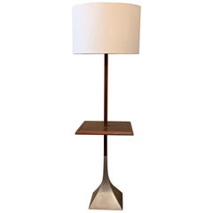 Mid-Century Modern Walnut and Cast Metal Side Table Floor Lamp