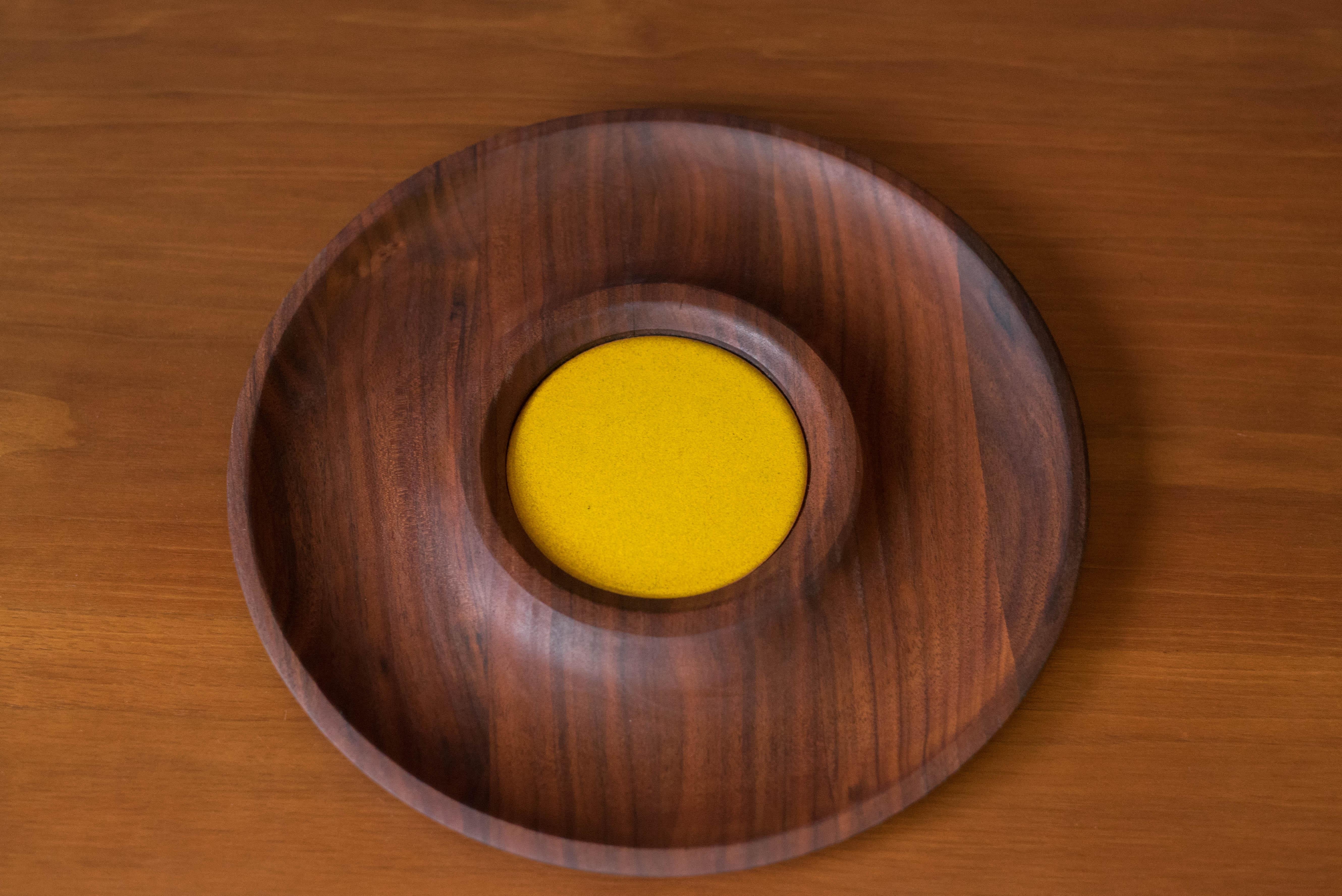 American Mid-Century Modern Walnut and Ceramic Serving Bowl Platter