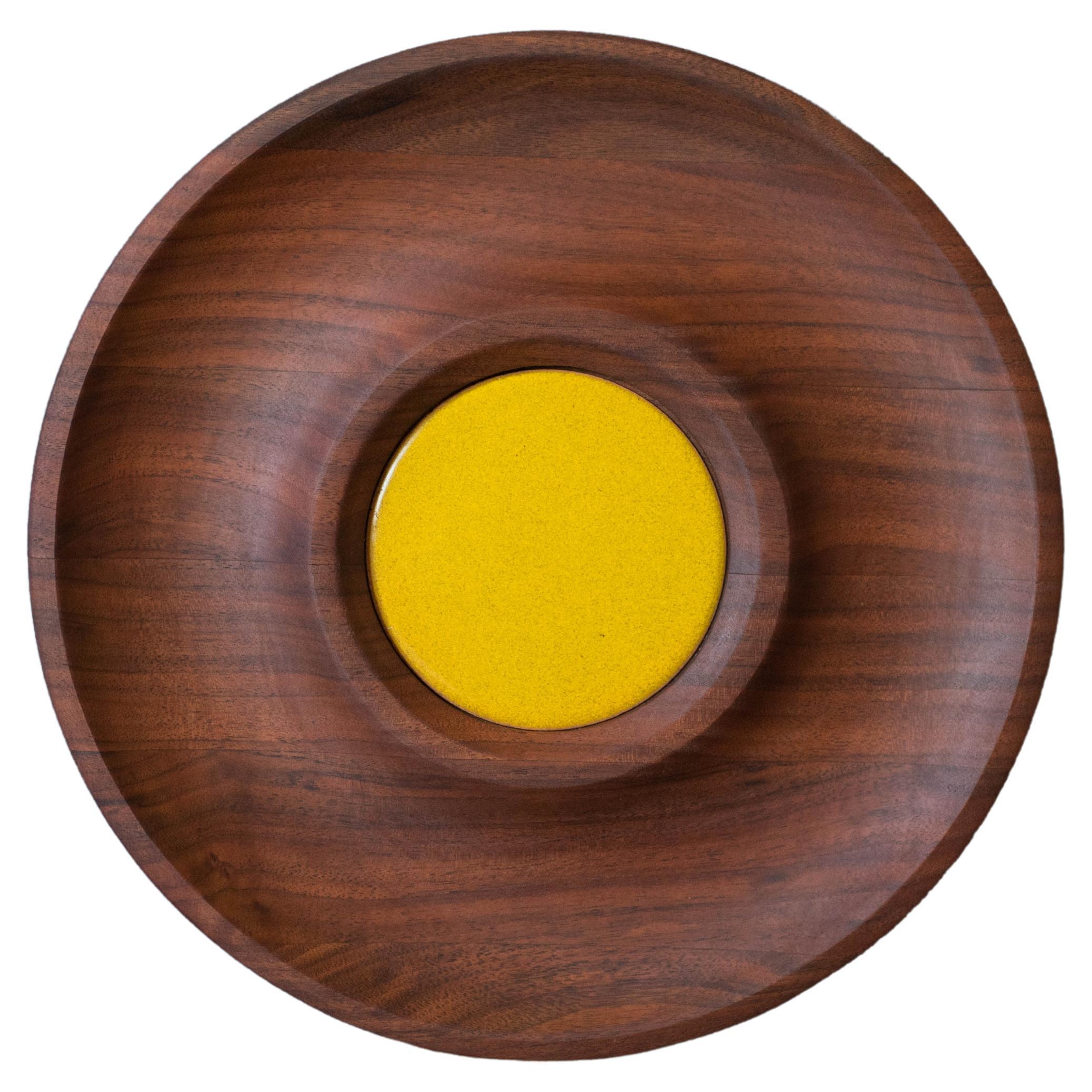 Mid-Century Modern Walnut and Ceramic Serving Bowl Platter