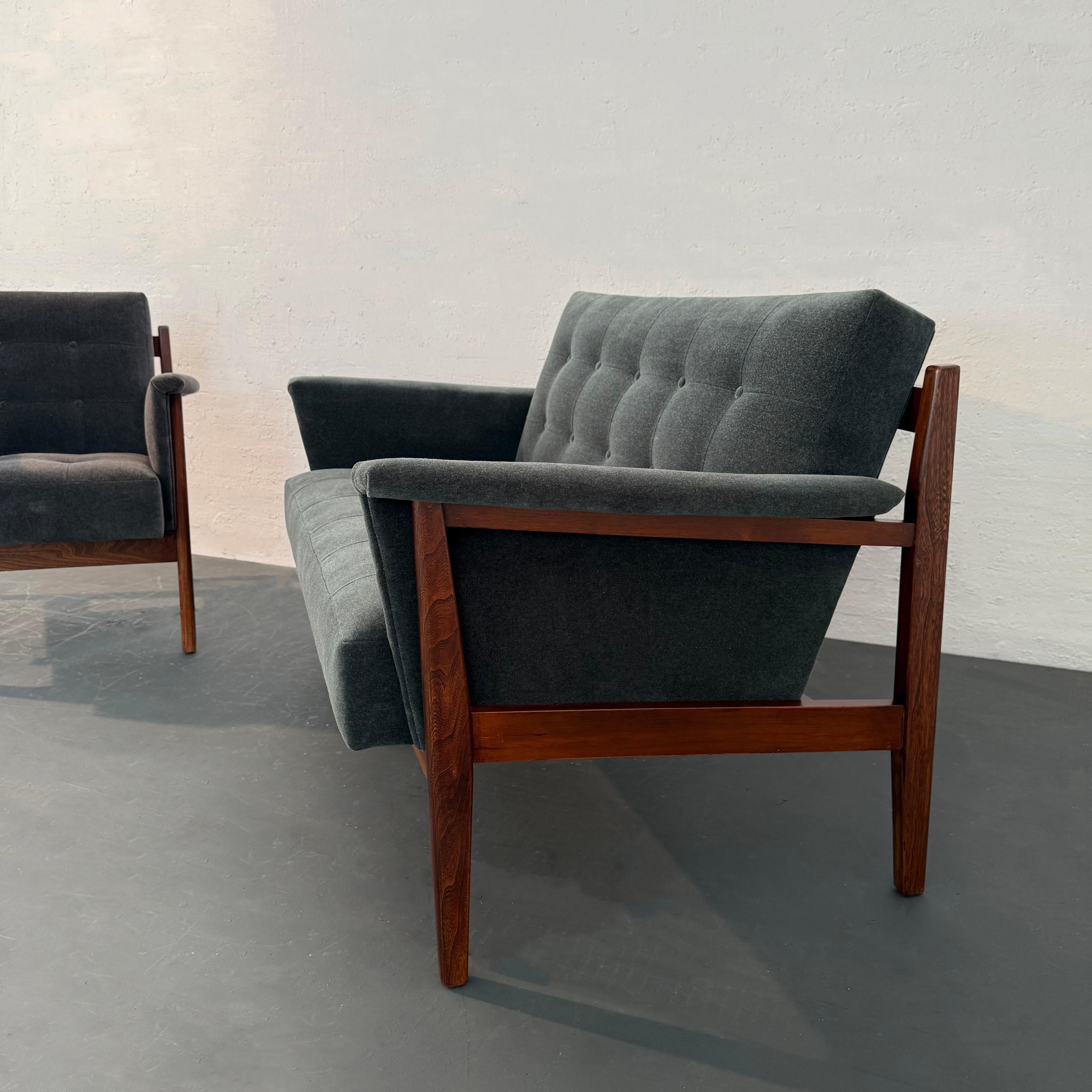American Mid-Century Modern Walnut And Chenille Upholstered Loveseat Settee
