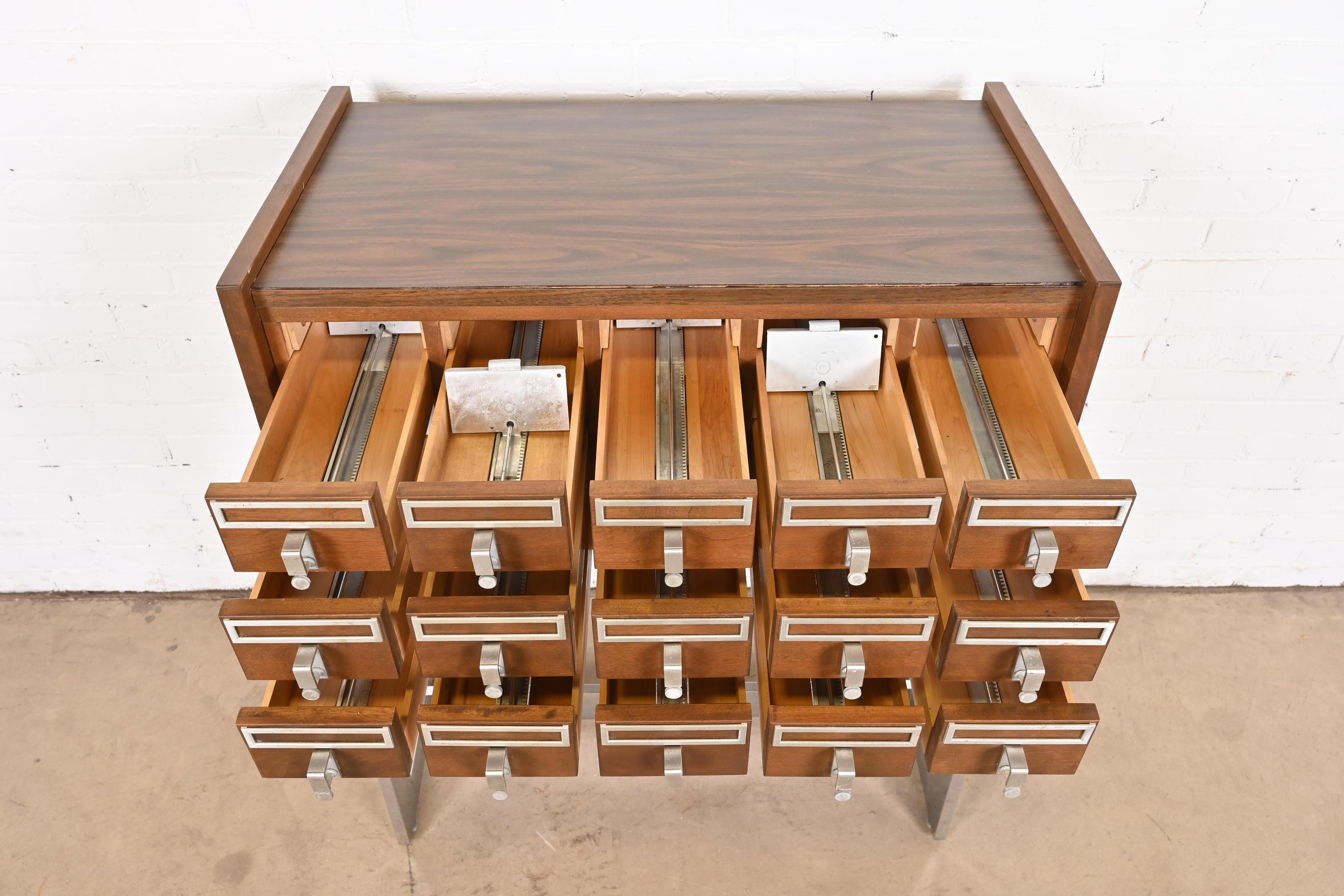 Mid-Century Modern Walnut and Chrome 15-Drawer Library Card Catalog For Sale 2