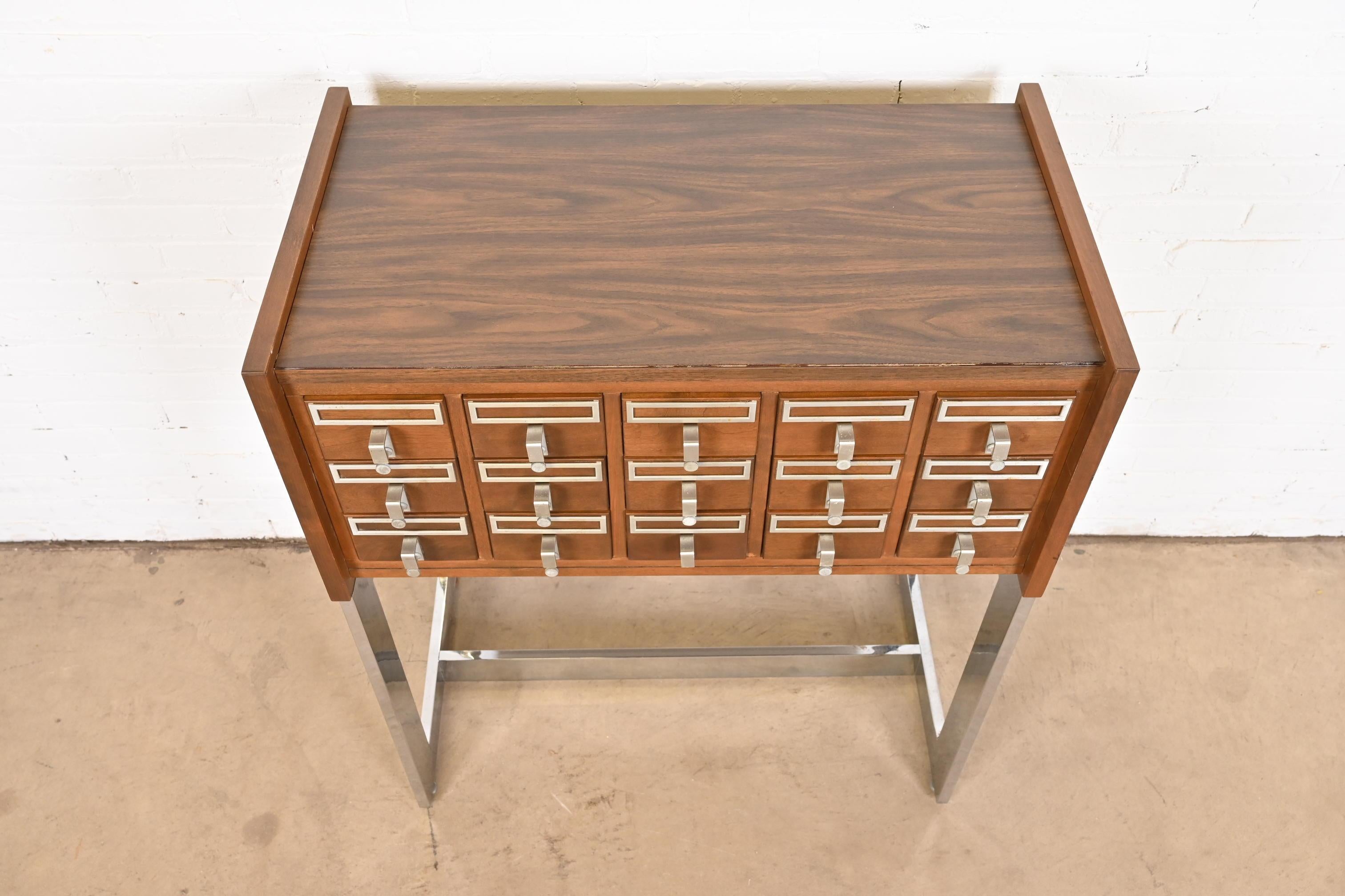 Mid-Century Modern Walnut and Chrome 15-Drawer Library Card Catalog For Sale 6