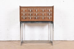 Mid-Century Modern Walnut and Chrome 15-Drawer Library Card Catalog