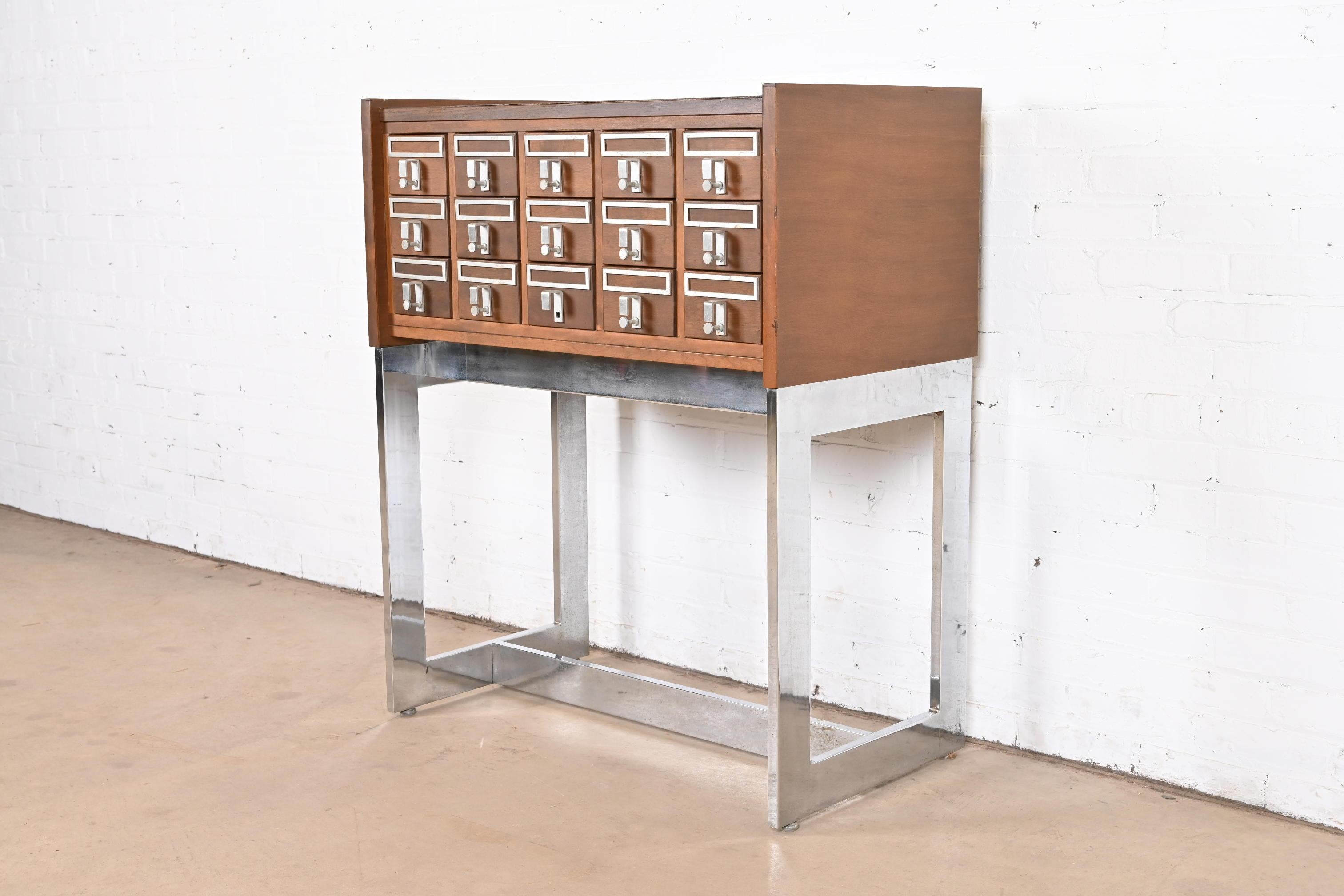 American Mid-Century Modern Walnut and Chrome 15-Drawer Library Card Catalog For Sale