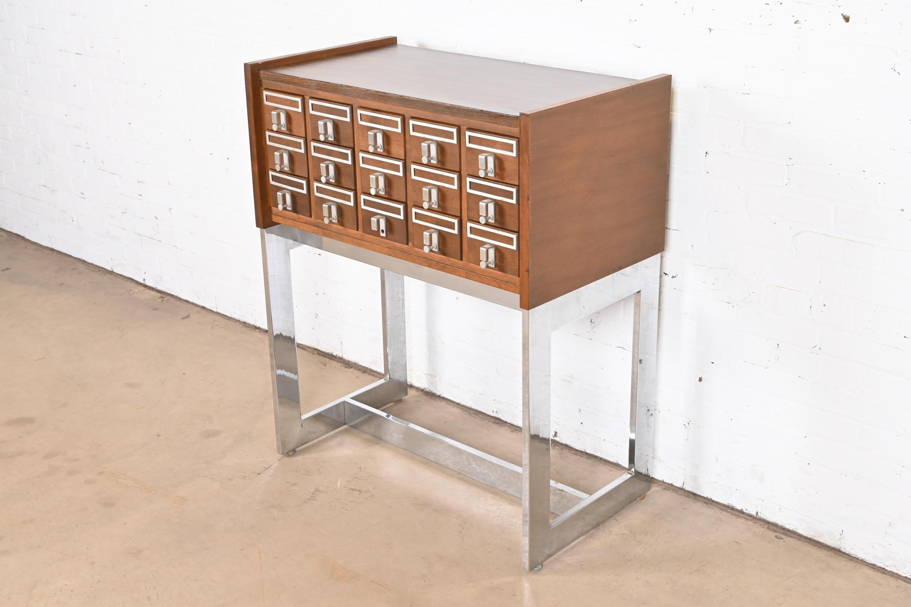 Mid-Century Modern Walnut and Chrome 15-Drawer Library Card Catalog In Good Condition For Sale In South Bend, IN