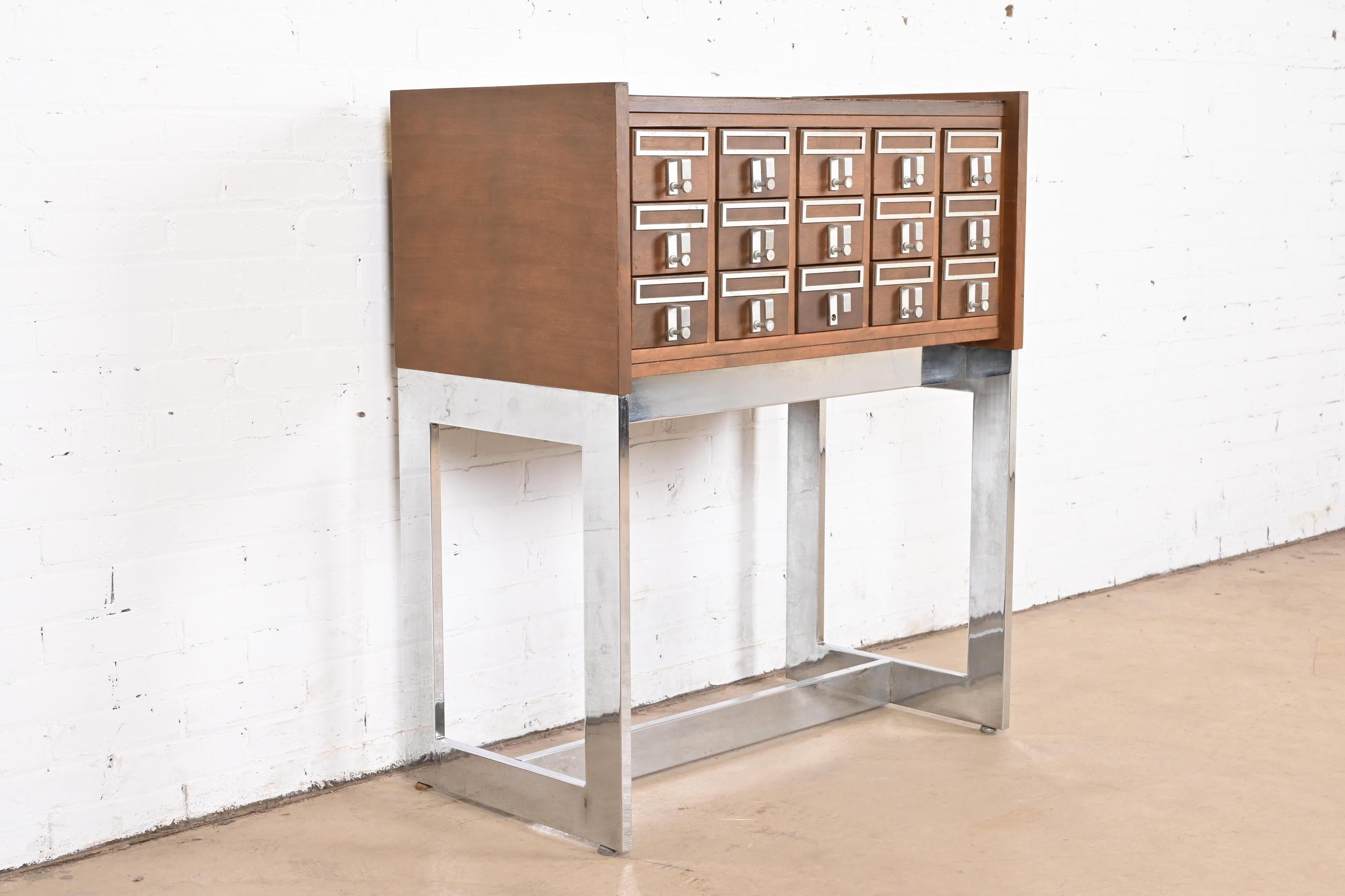 20th Century Mid-Century Modern Walnut and Chrome 15-Drawer Library Card Catalog For Sale