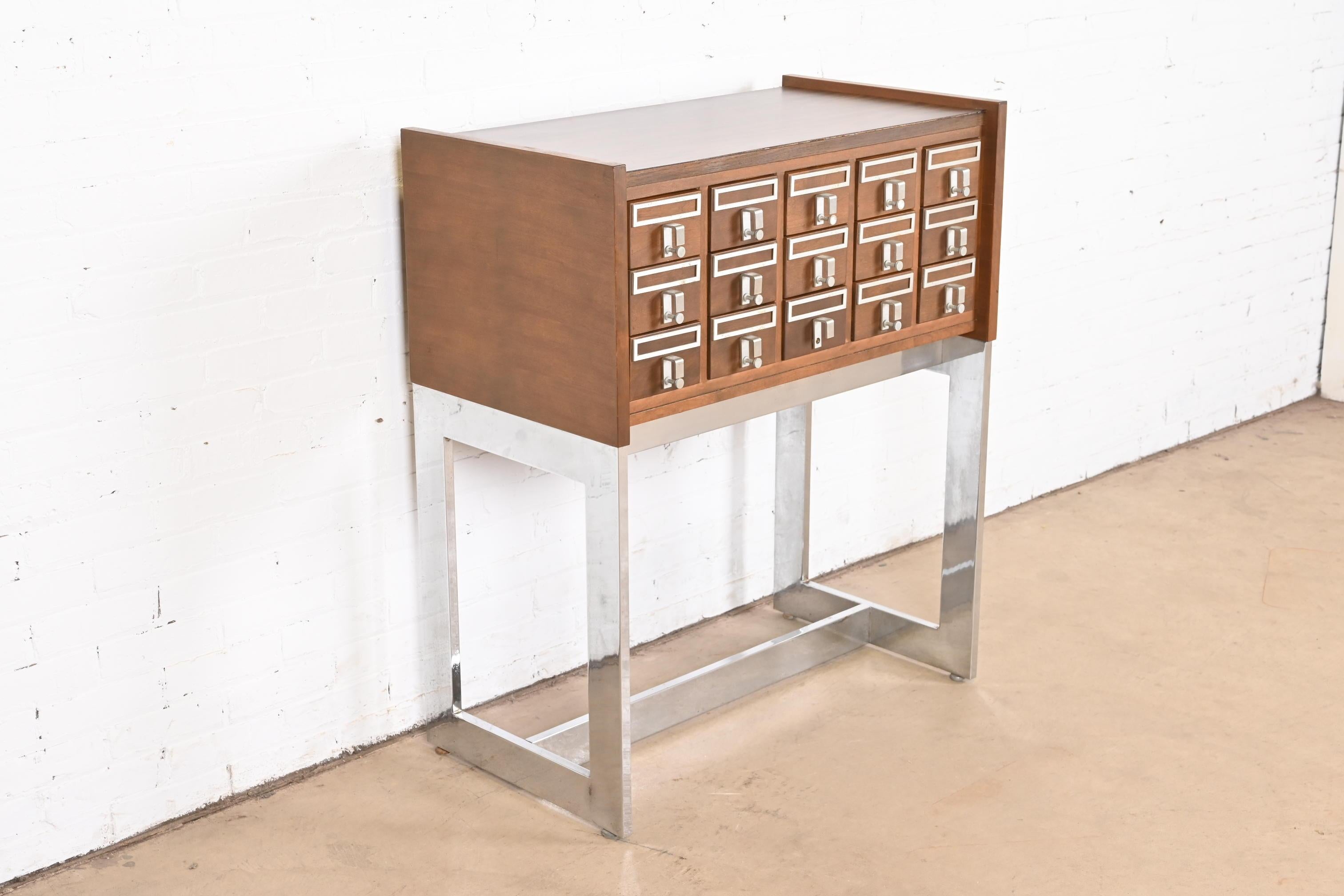 Mid-Century Modern Walnut and Chrome 15-Drawer Library Card Catalog For Sale 1