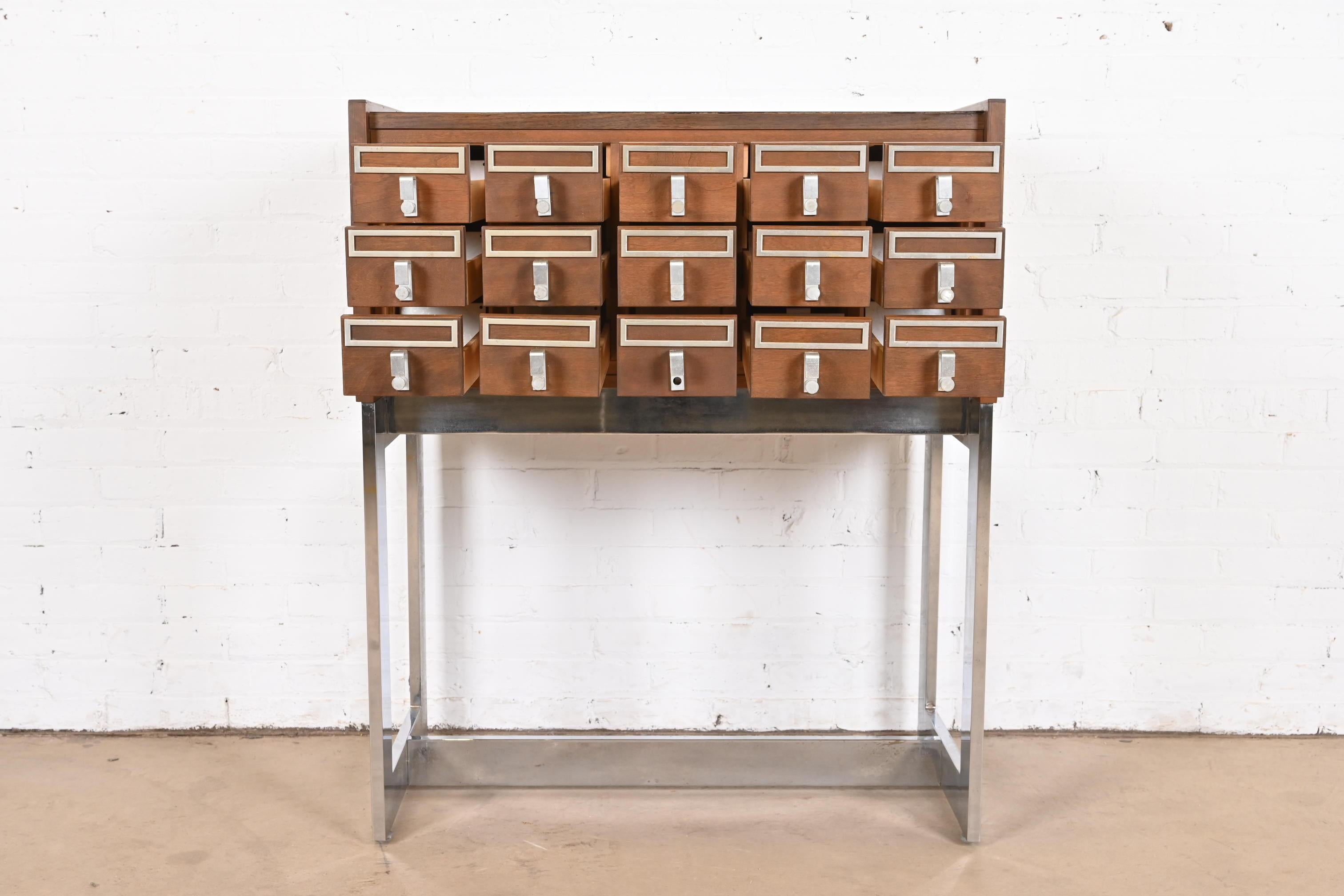 Mid-Century Modern Walnut and Chrome 15-Drawer Library Card Catalog For Sale 2