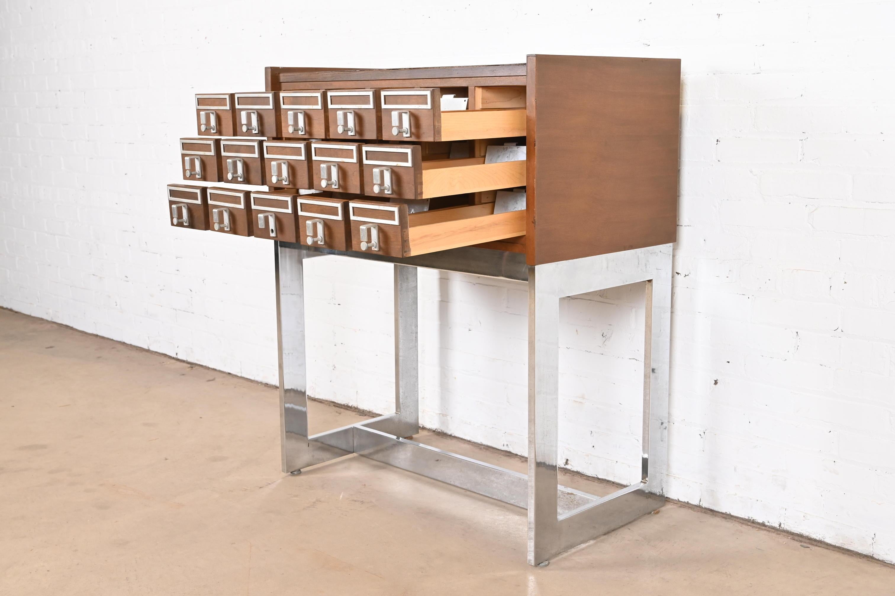 Mid-Century Modern Walnut and Chrome 15-Drawer Library Card Catalog For Sale 3