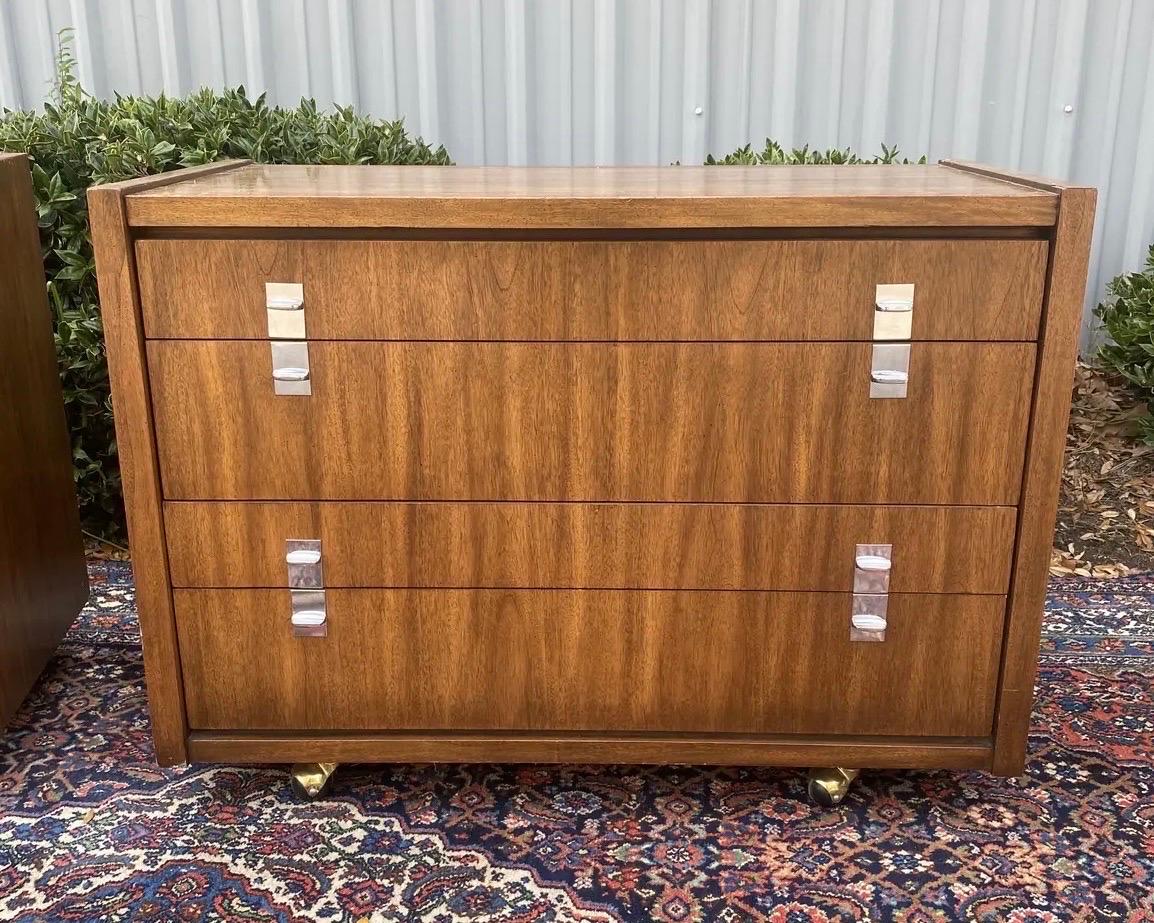 20th Century Mid-Century Modern Walnut and Chrome Commode Chests, a Set of 2