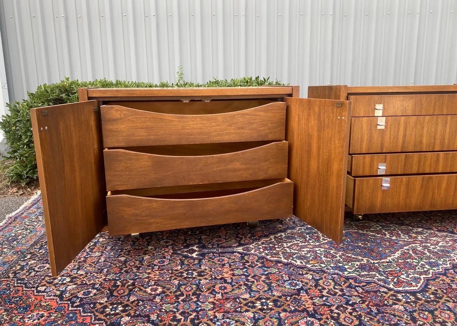 Mid-Century Modern Walnut and Chrome Commode Chests, a Set of 2 1