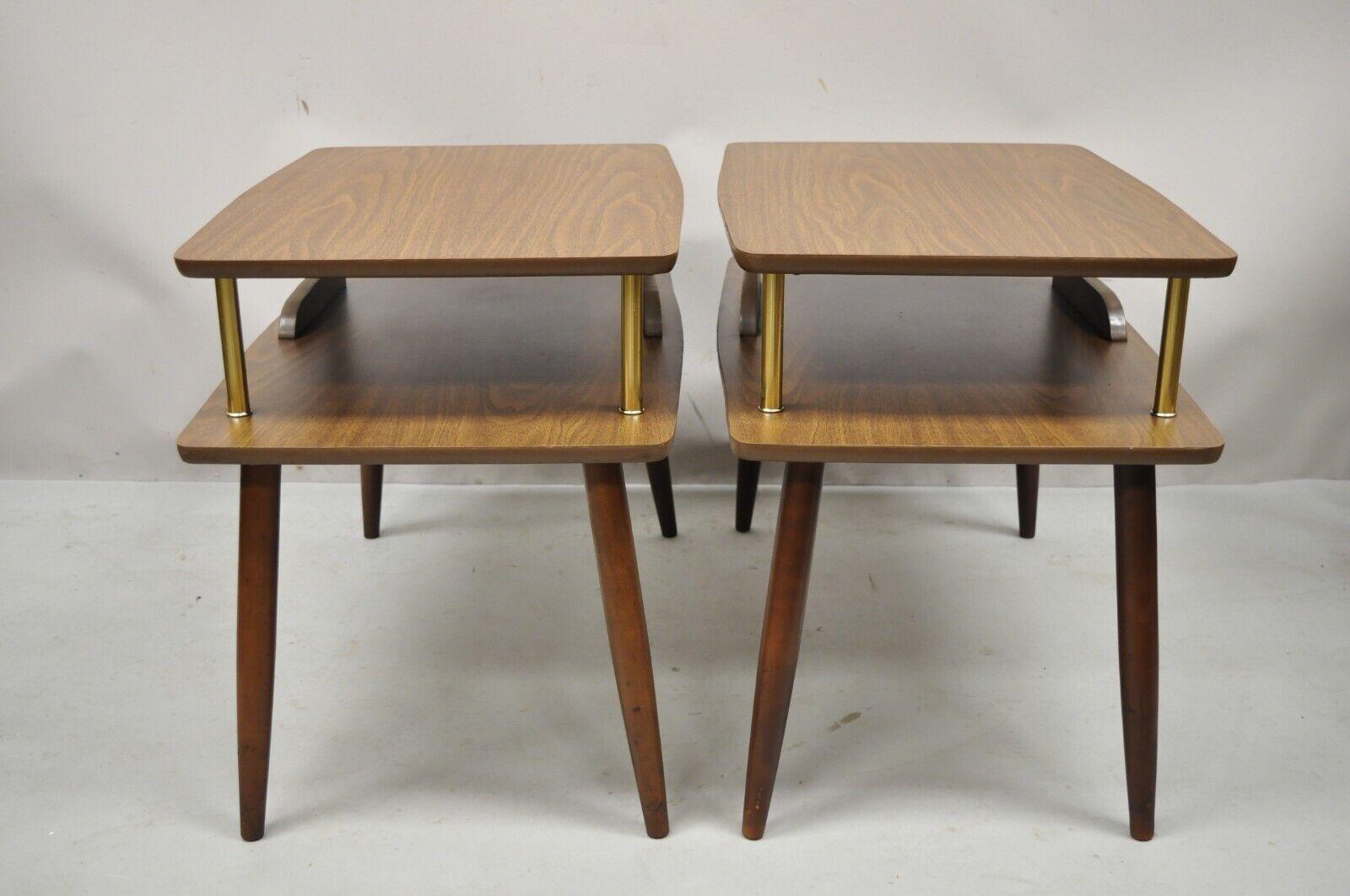 Mid Century Modern Walnut and Laminate Top 2 Tier Step Up End Tables - a Pair In Good Condition For Sale In Philadelphia, PA