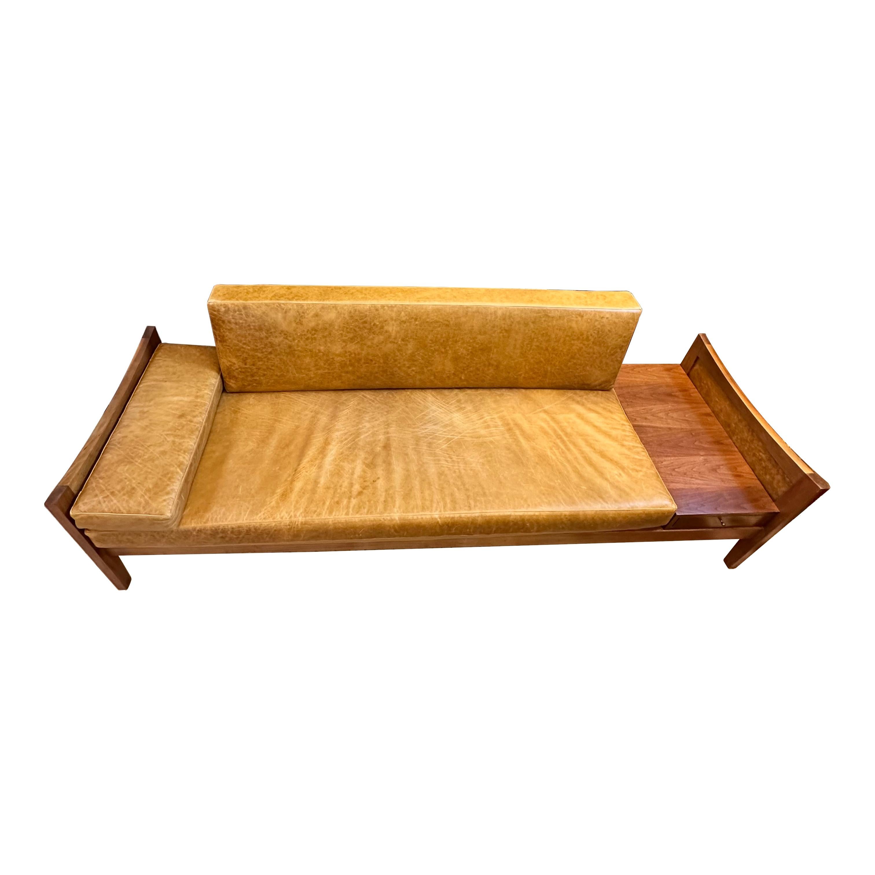 American Mid-Century Modern Walnut and Leather Sofa with End Table by Lane