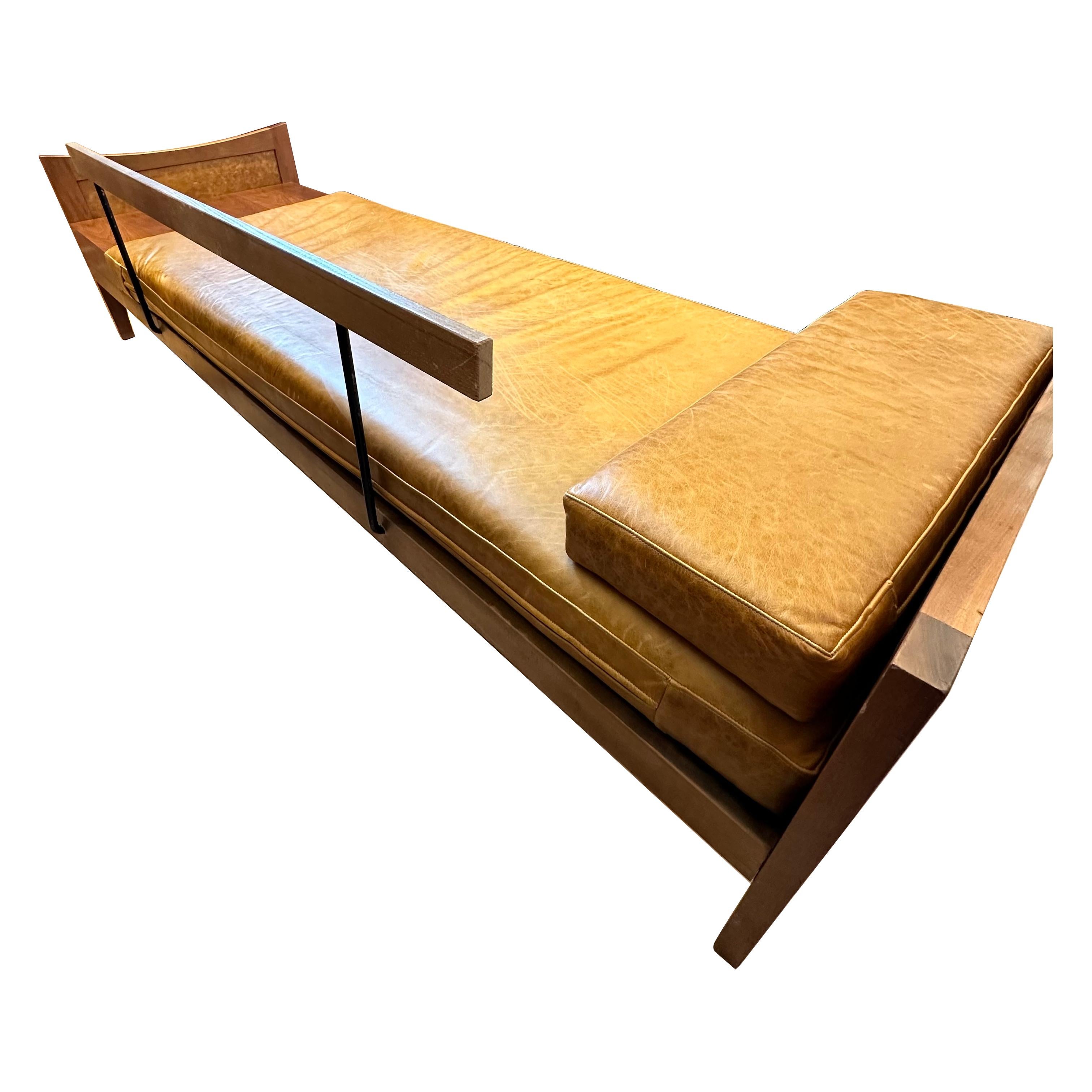 20th Century Mid-Century Modern Walnut and Leather Sofa with End Table by Lane