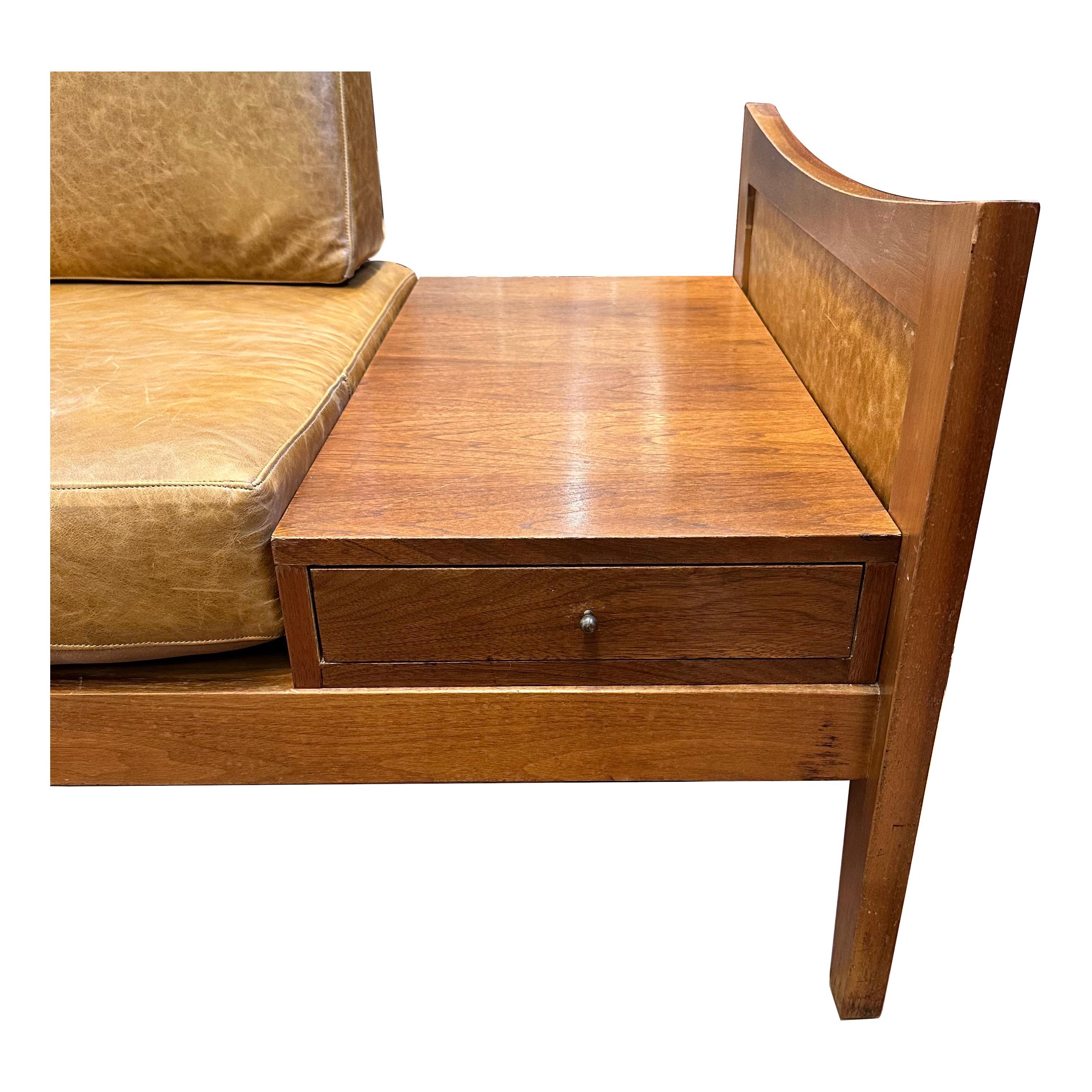 Mid-Century Modern Walnut and Leather Sofa with End Table by Lane 1