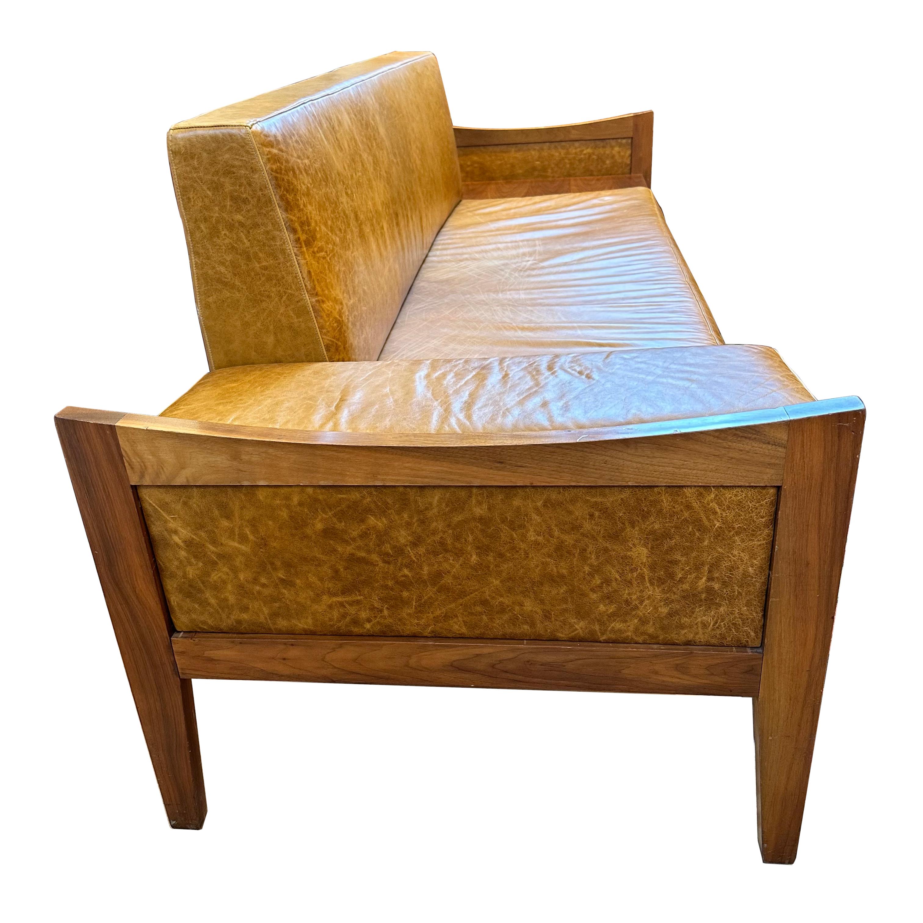 Mid-Century Modern Walnut and Leather Sofa with End Table by Lane 2