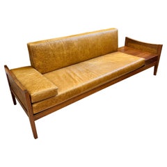 Mid-Century Modern Walnut and Leather Sofa with End Table by Lane