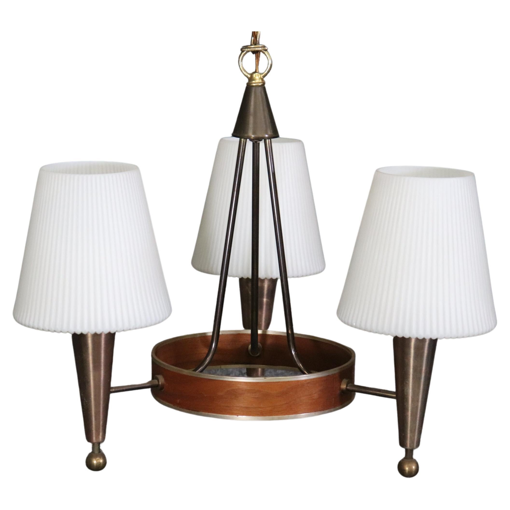 Mid Century Modern Walnut and Metal Chandelier By Lightolier