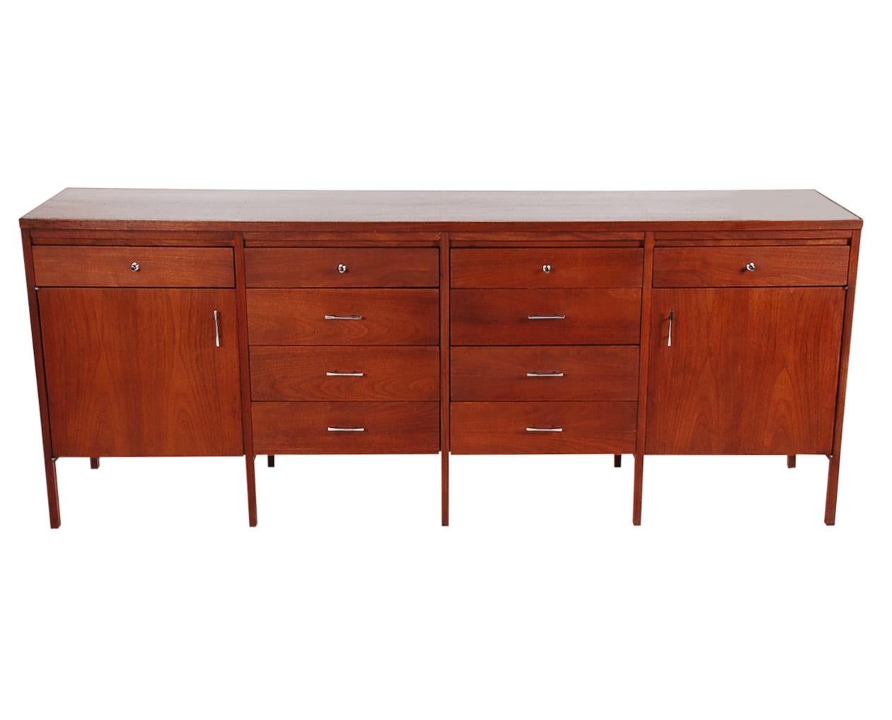 American Mid-Century Modern Walnut and Rosewood 8-Legged Credenza or Media Table