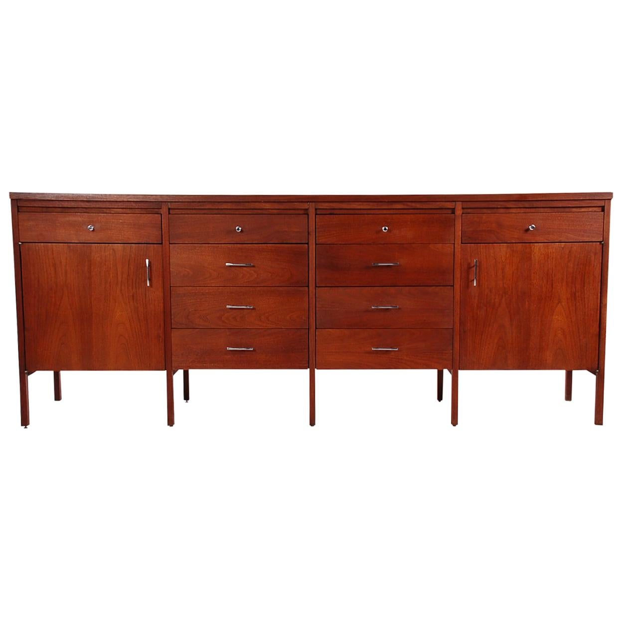 Mid-Century Modern Walnut and Rosewood 8-Legged Credenza or Media Table