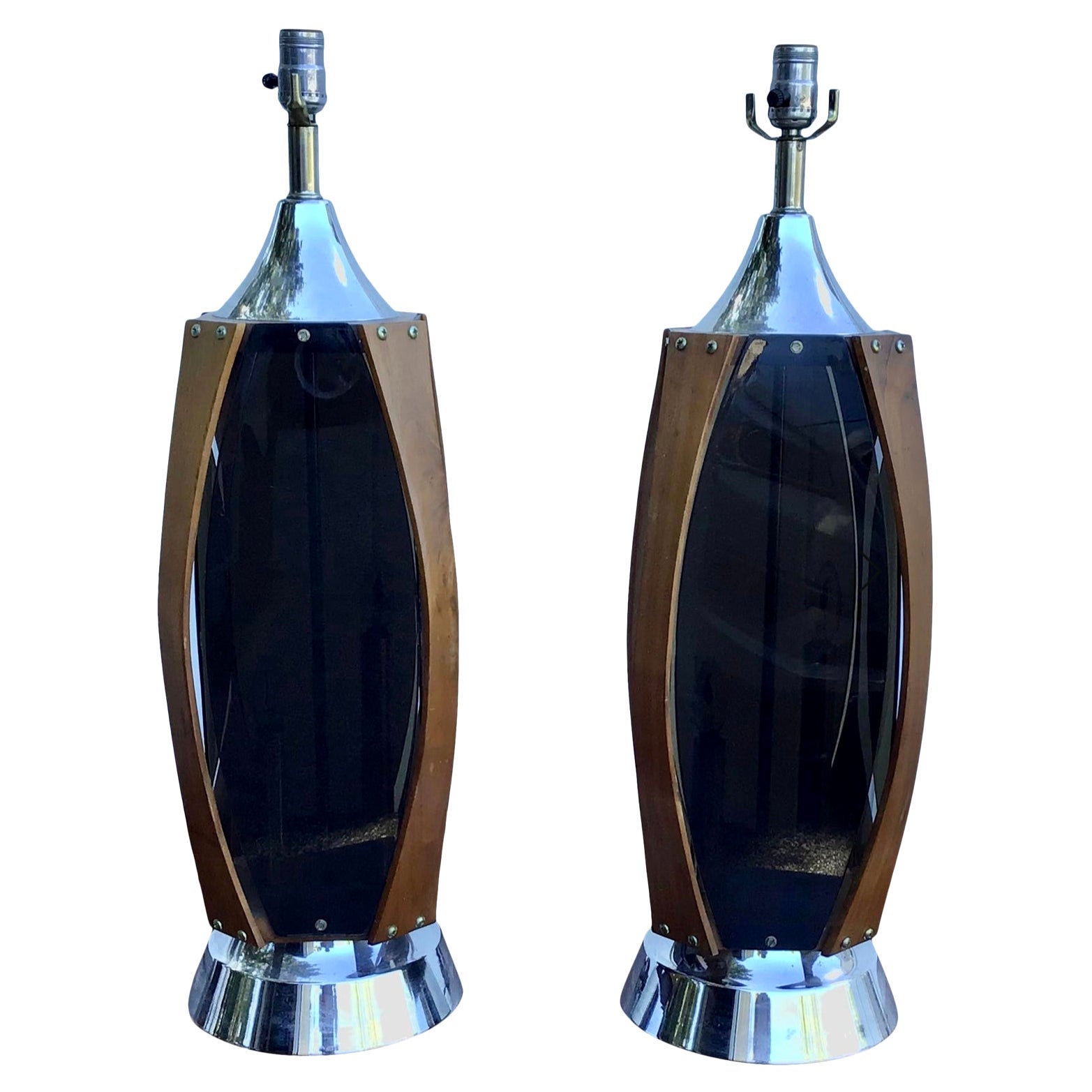 Mid-Century Modern Walnut and Smoked Acrylic Paneled Lamps, a Pair