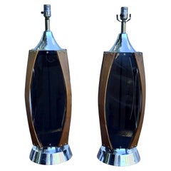 Mid-Century Modern Walnut and Smoked Acrylic Paneled Lamps, a Pair