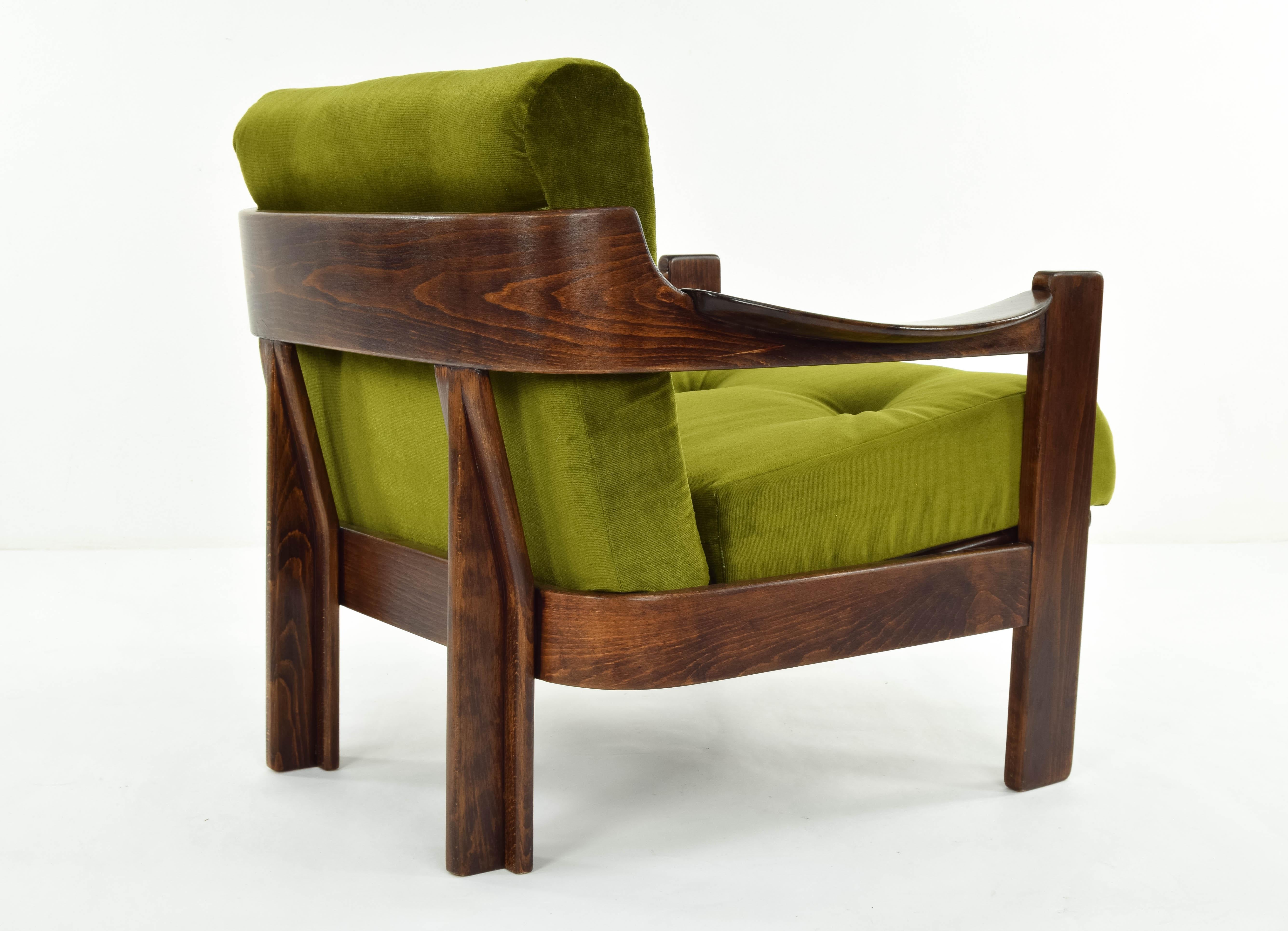 Velvet Mid-Century Modern Walnut Armchair and Sofa Set by AG Barcelona, Spain 1970
