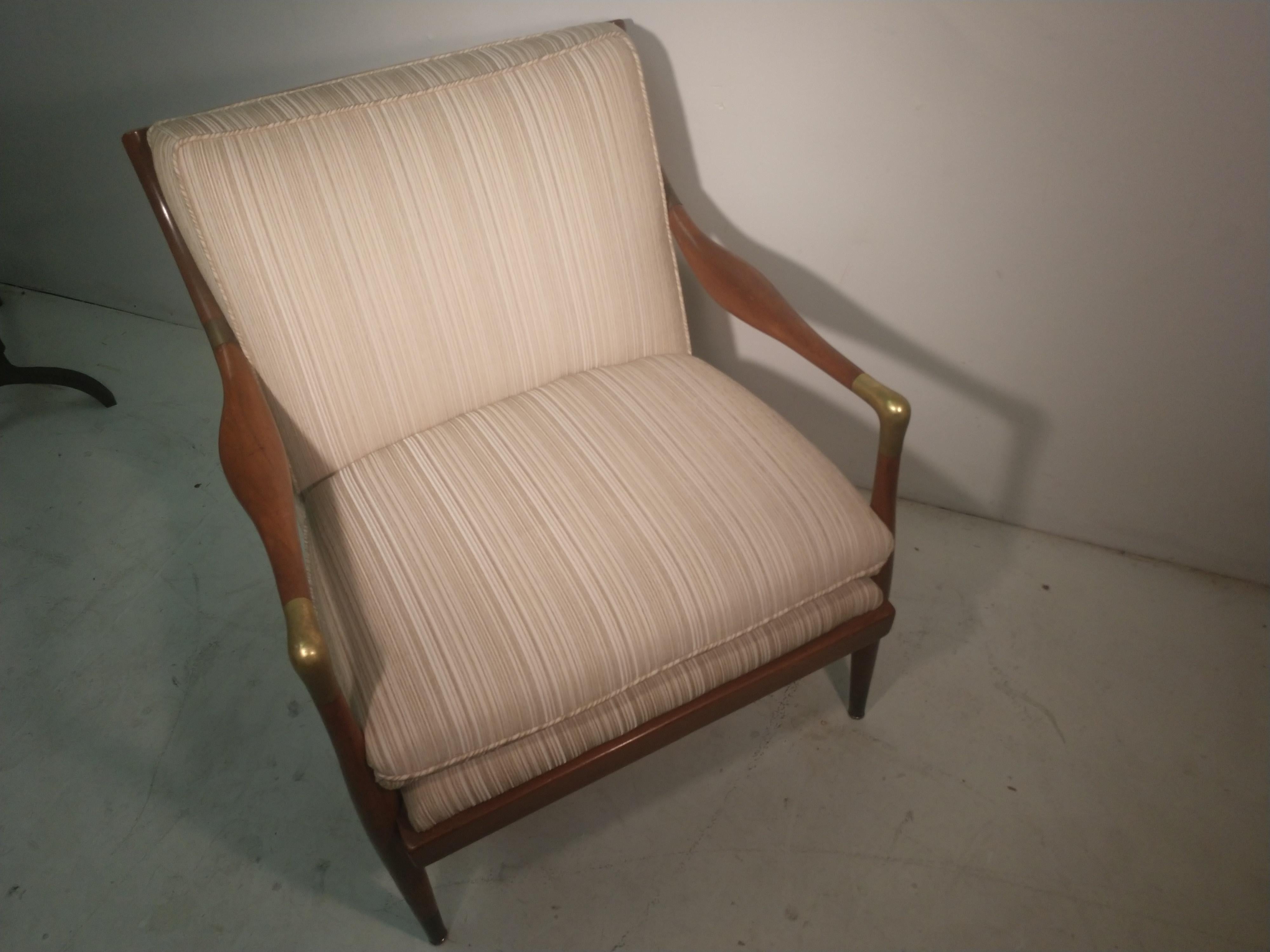 Fabric Mid-Century Modern Walnut Armchair with Brass Accents