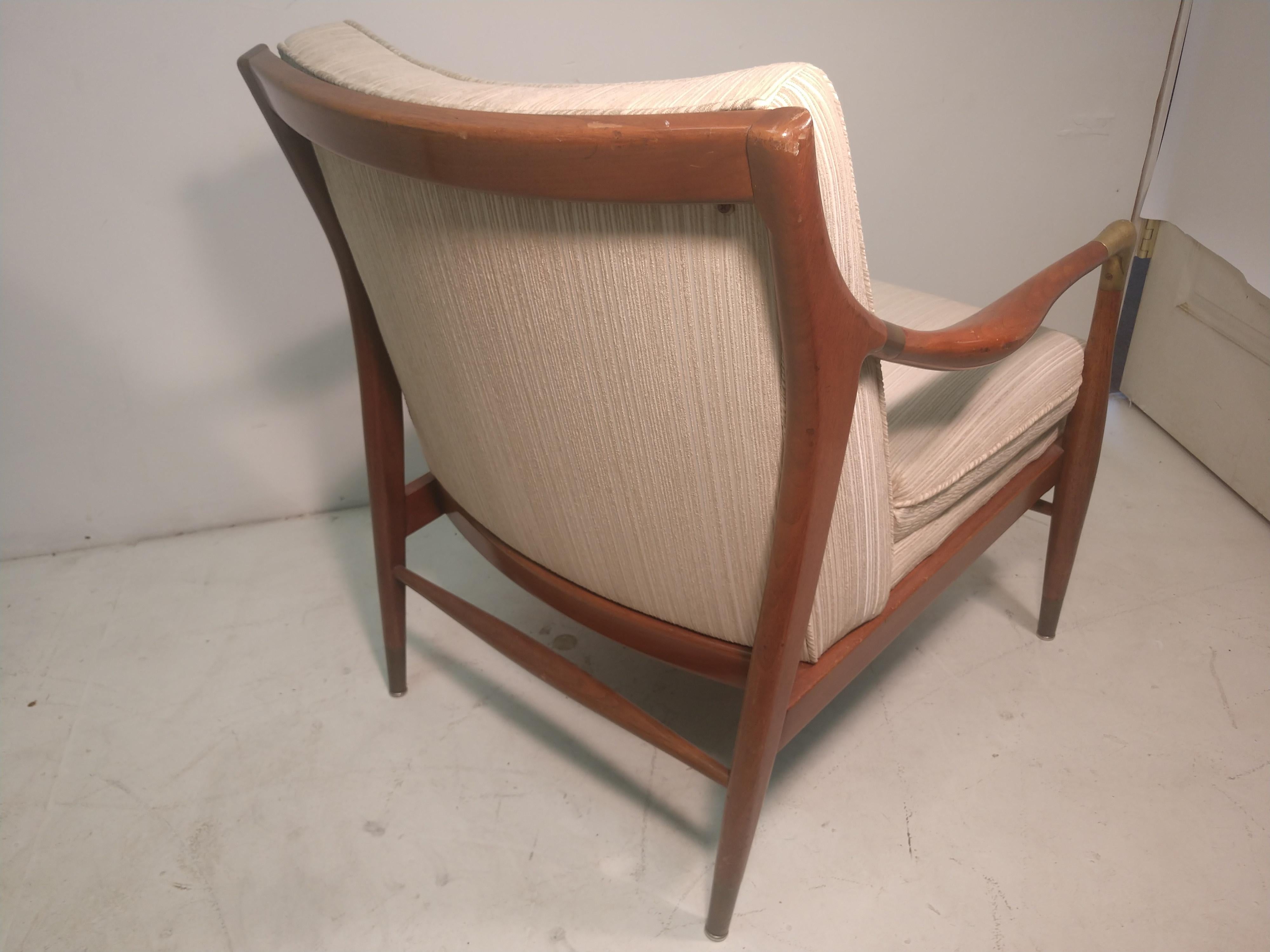 Lacquered Mid-Century Modern Walnut Armchair with Brass Accents