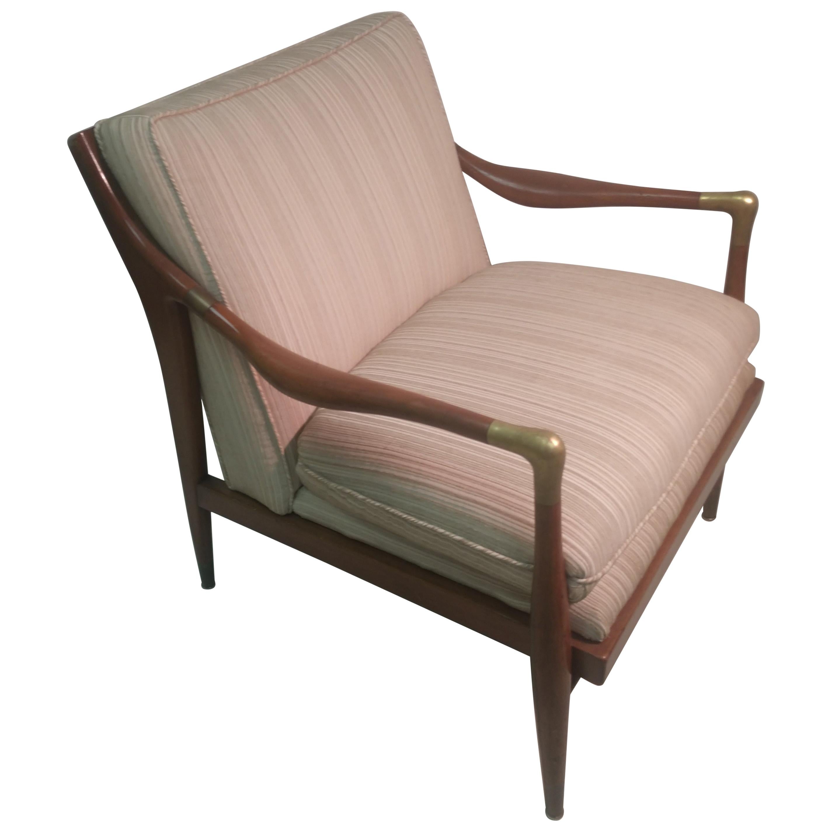 Mid-Century Modern Walnut Armchair with Brass Accents