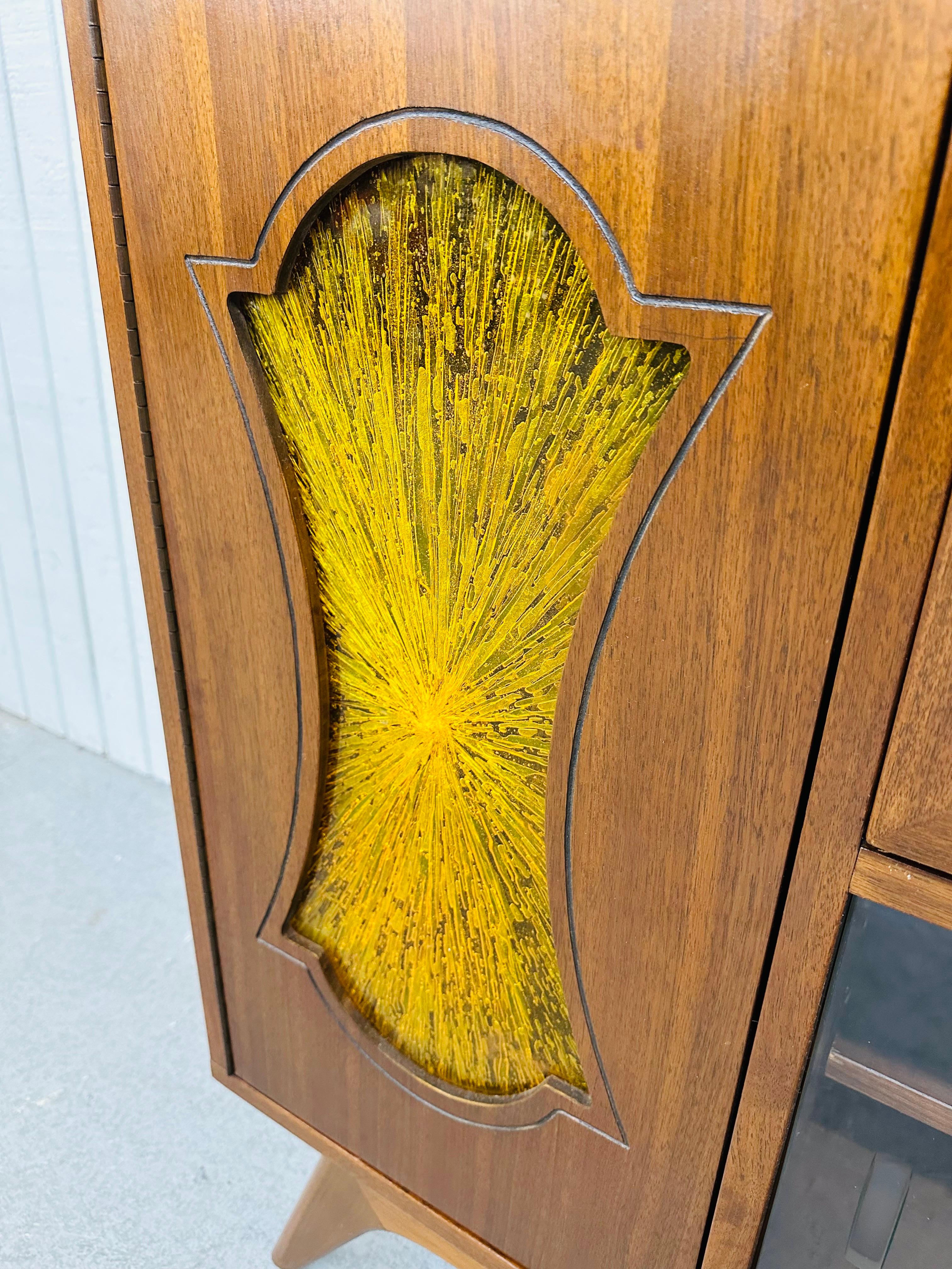 Stained Glass Mid-Century Modern Walnut Bar Cabinet