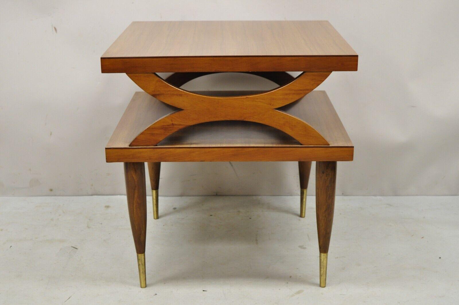 Mid Century Modern Walnut Base 2 Tier Laminate Square End Side Table 1