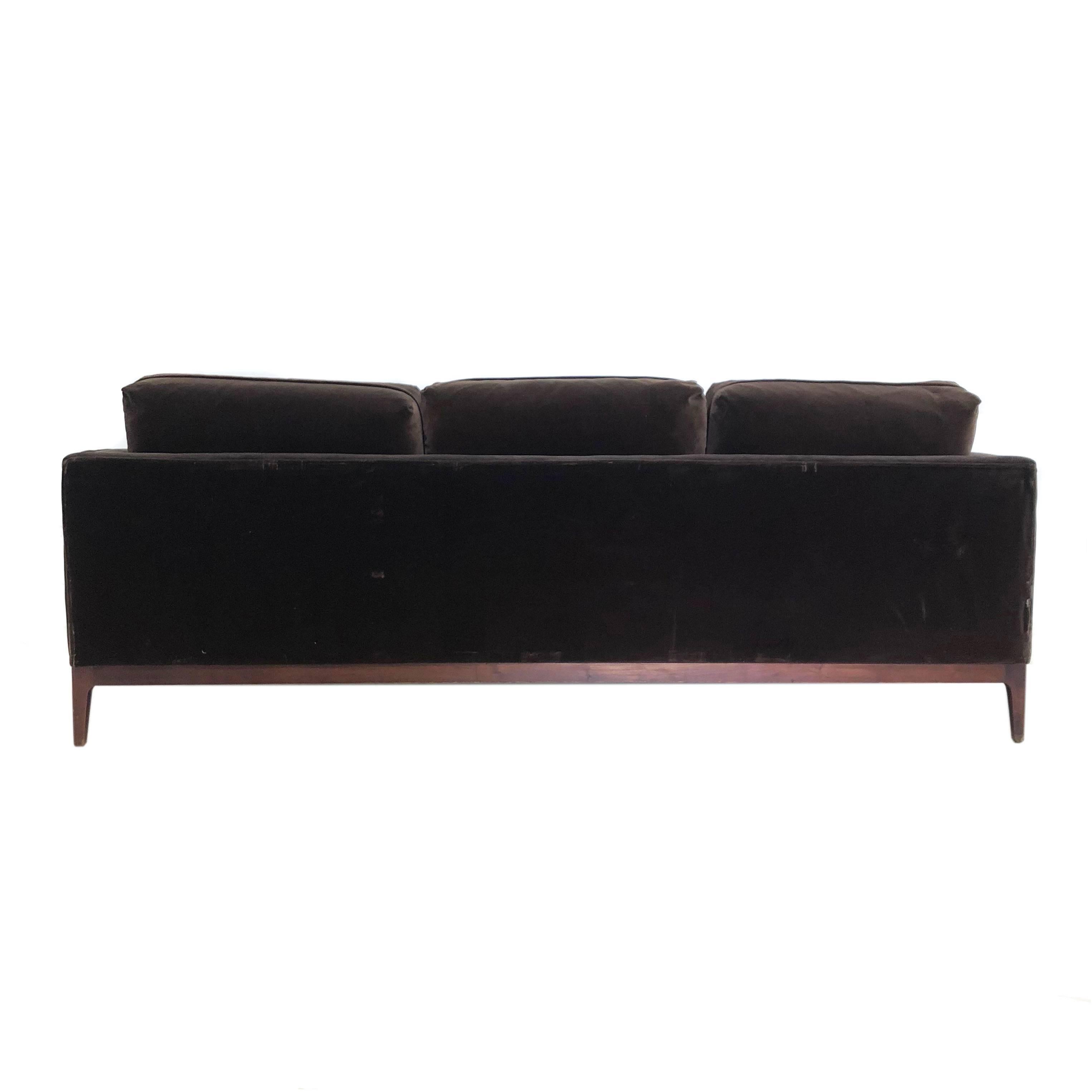 20th Century Mid-Century Modern Walnut Based Velvet Sofa in the Manner of Milo Baughman For Sale