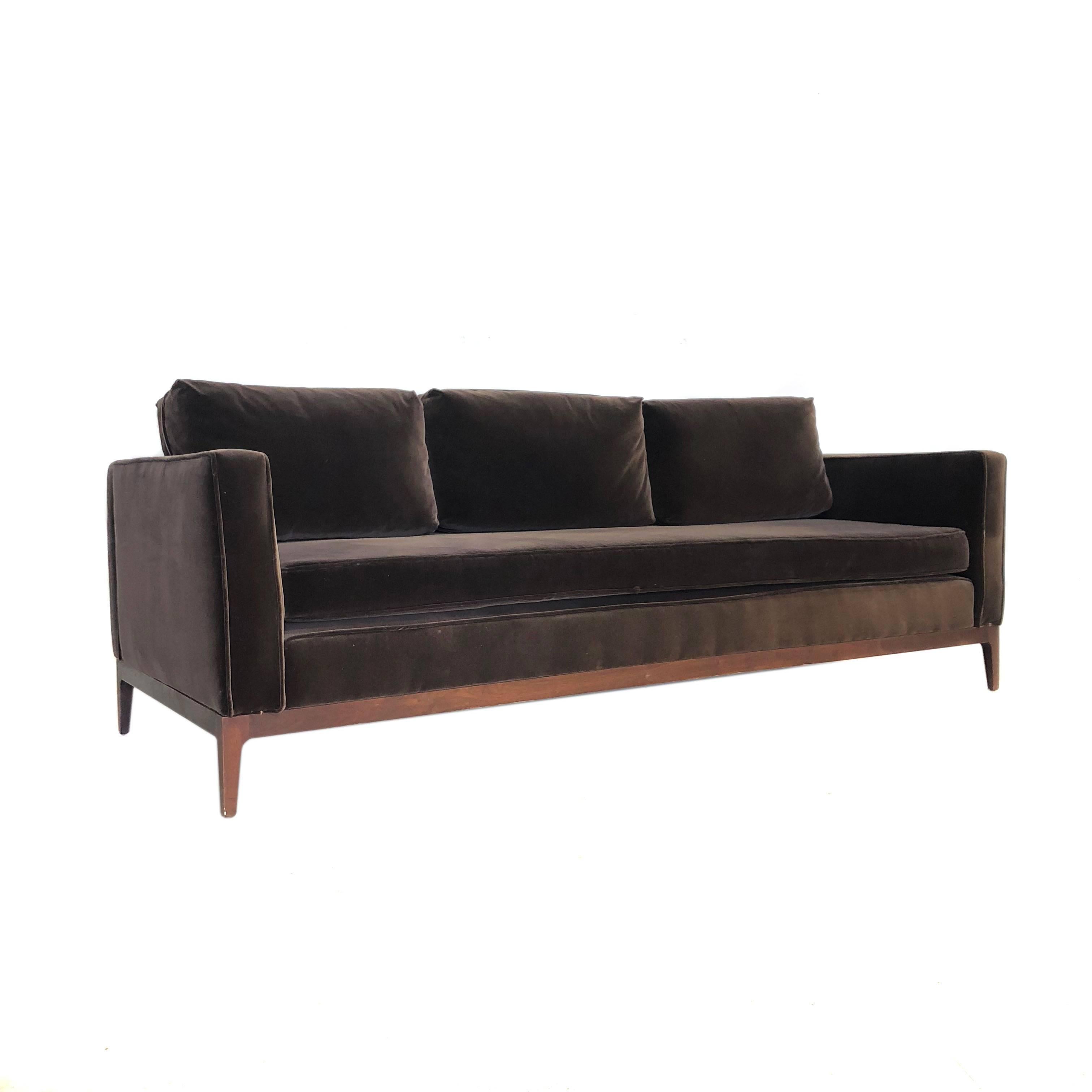 Mid-Century Modern Walnut Based Velvet Sofa in the Manner of Milo Baughman For Sale