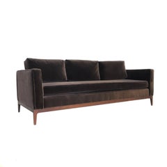 Mid-Century Modern Walnut Based Velvet Sofa in the Manner of Milo Baughman