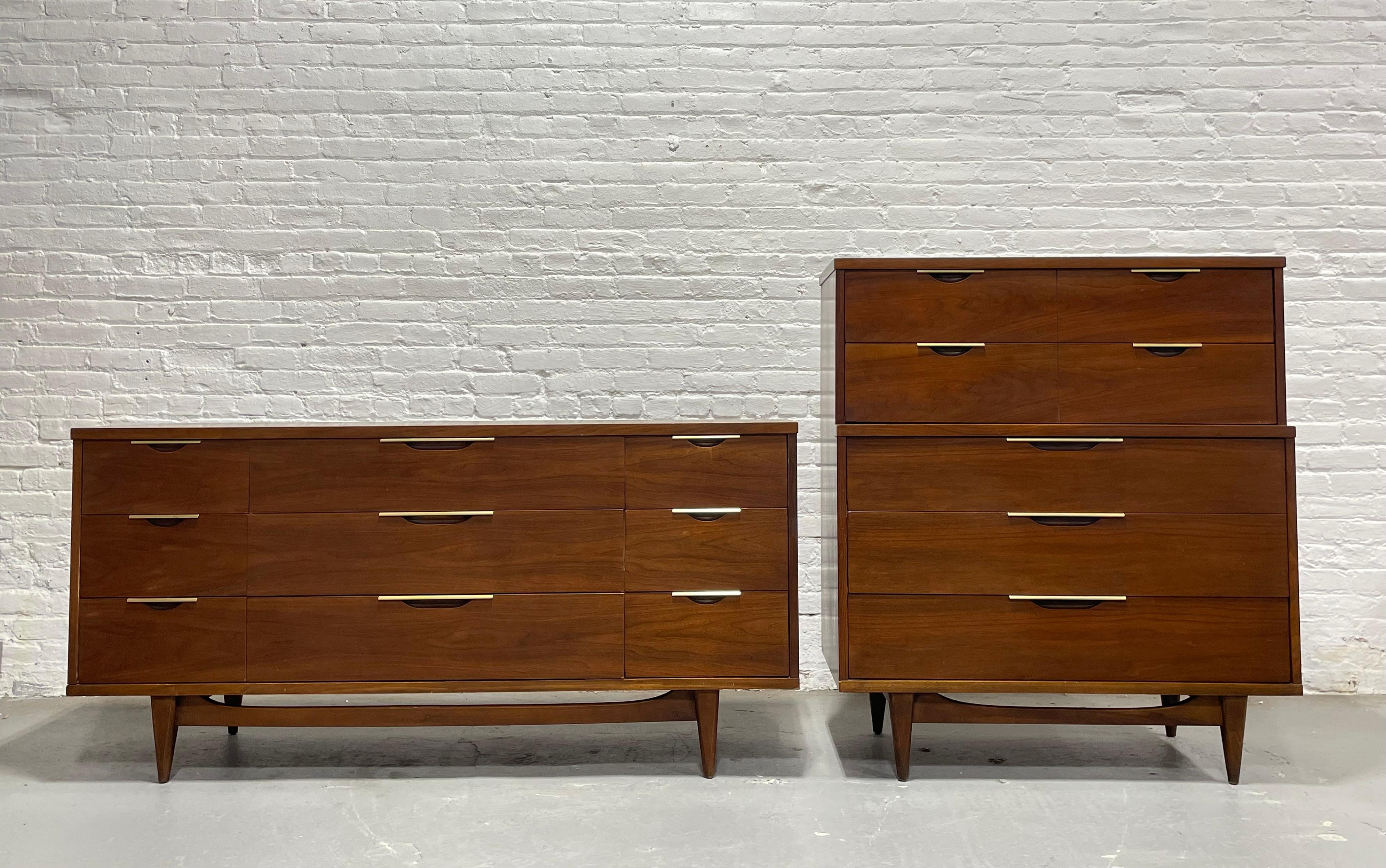 Mid Century Modern Walnut  Bedroom Set by Kent Coffey's Tableau Line, circa 1960's. 

This super classic set consists of a nine drawer long dresser with deep and spacious drawers for plenty of storage space and a highboy with five drawers. These