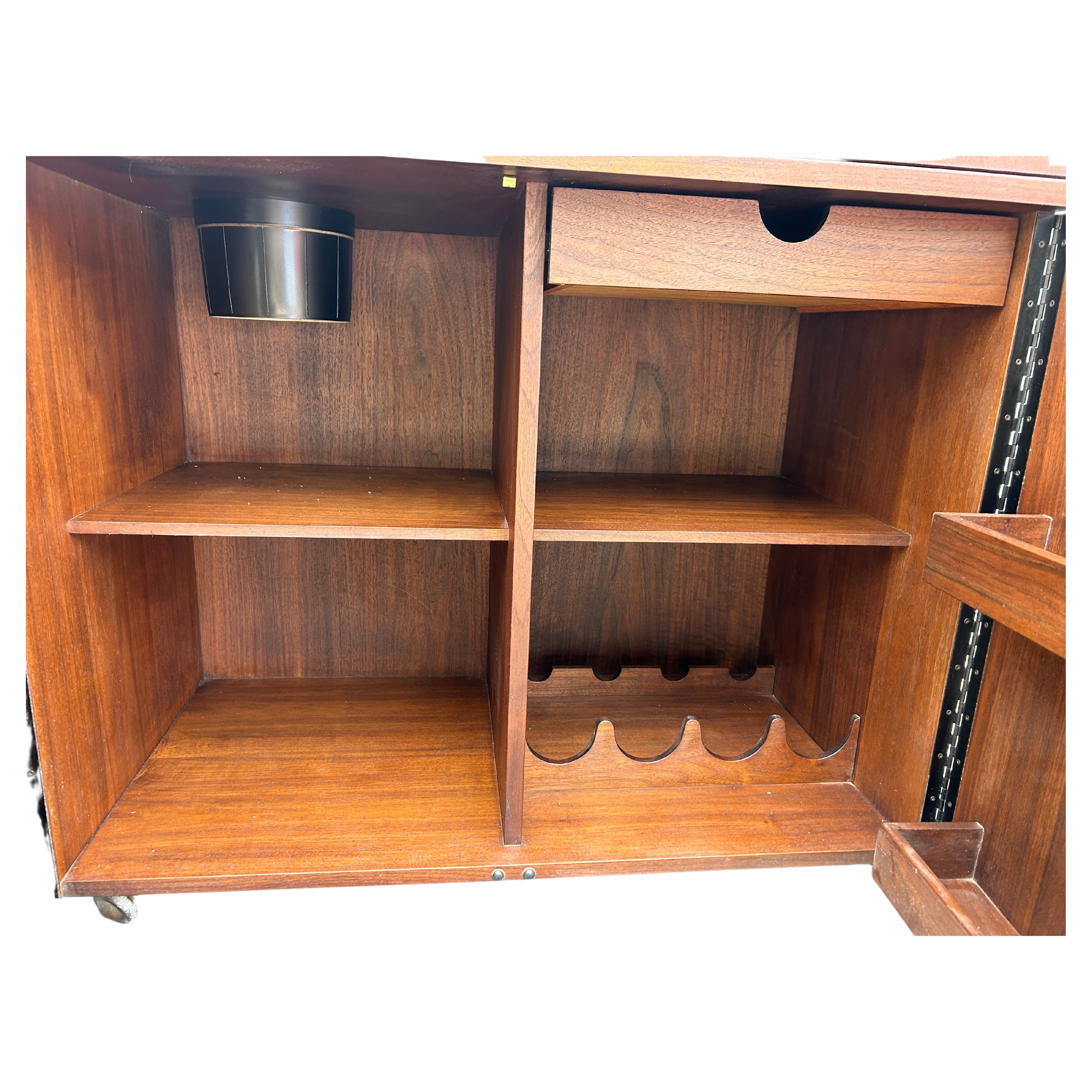 Mid-Century Modern Walnut & Black Expandable Bar Cart Liquor Cabinet 1