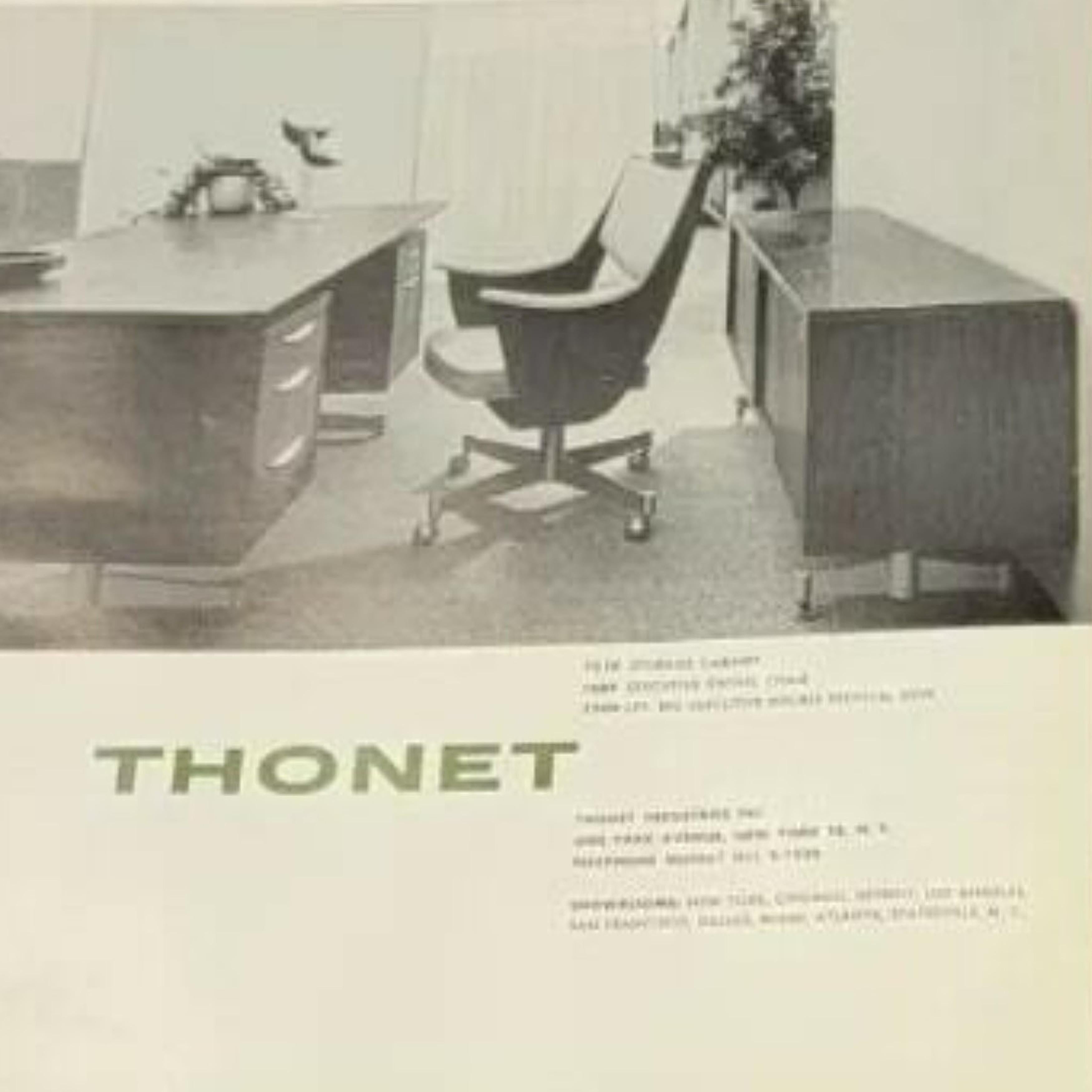 Mid Century Modern Walnut & Black Vinyl Executive Swivel Desk Chairs by Thonet For Sale 7