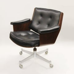 Mid Century Modern Walnut & Black Vinyl Executive Swivel Desk Chairs by Thonet
