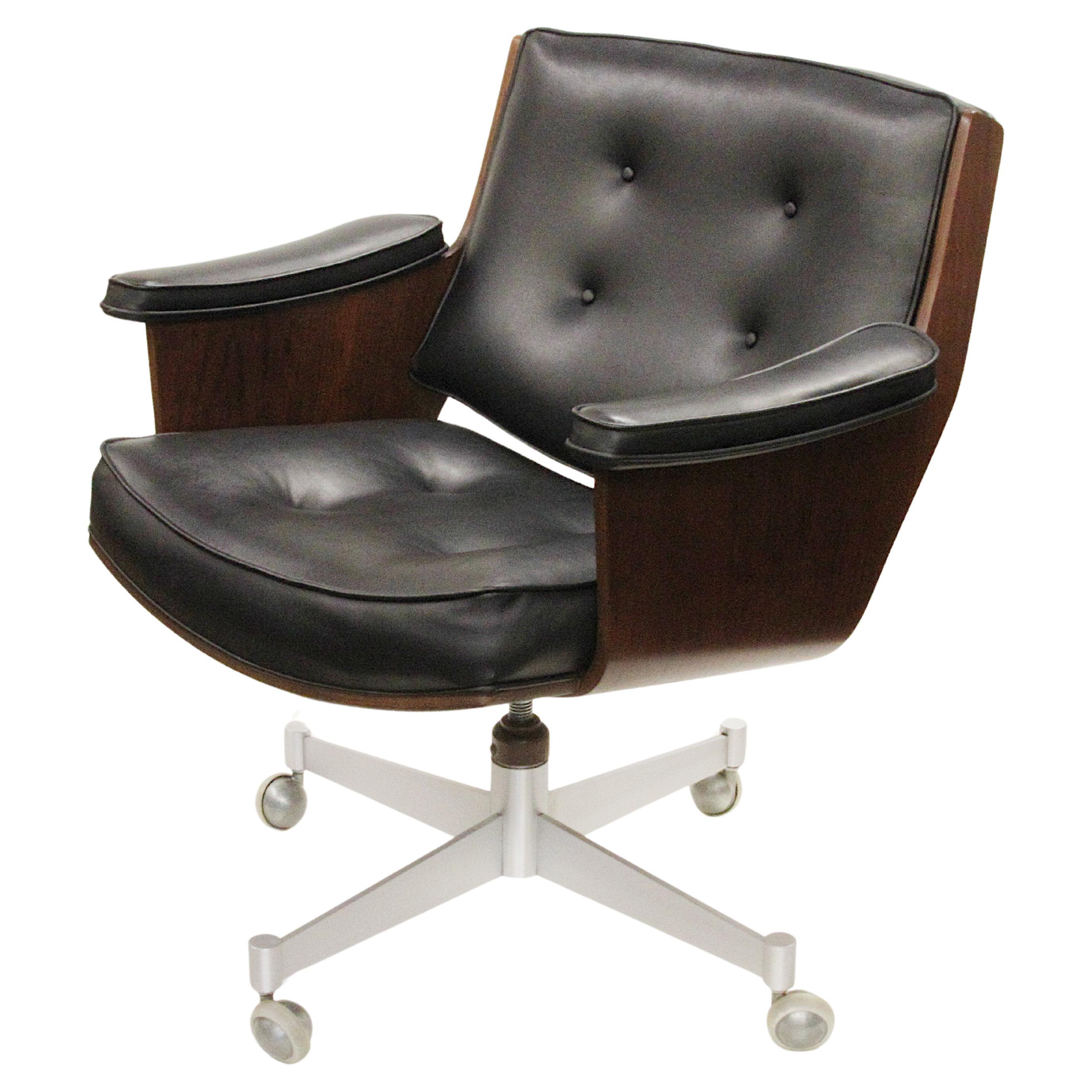 Mid Century Modern Walnut & Black Vinyl Executive Swivel Desk Chairs by Thonet For Sale