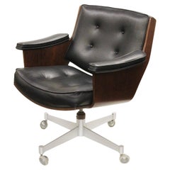 Mid Century Modern Walnut & Black Vinyl Executive Swivel Desk Chairs by Thonet