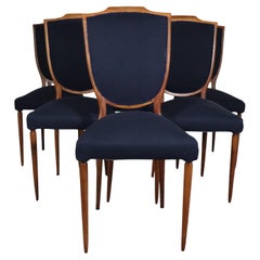 Mid-century modern walnut blue fabric chairs in style of Paolo Buffa Italy 1950s