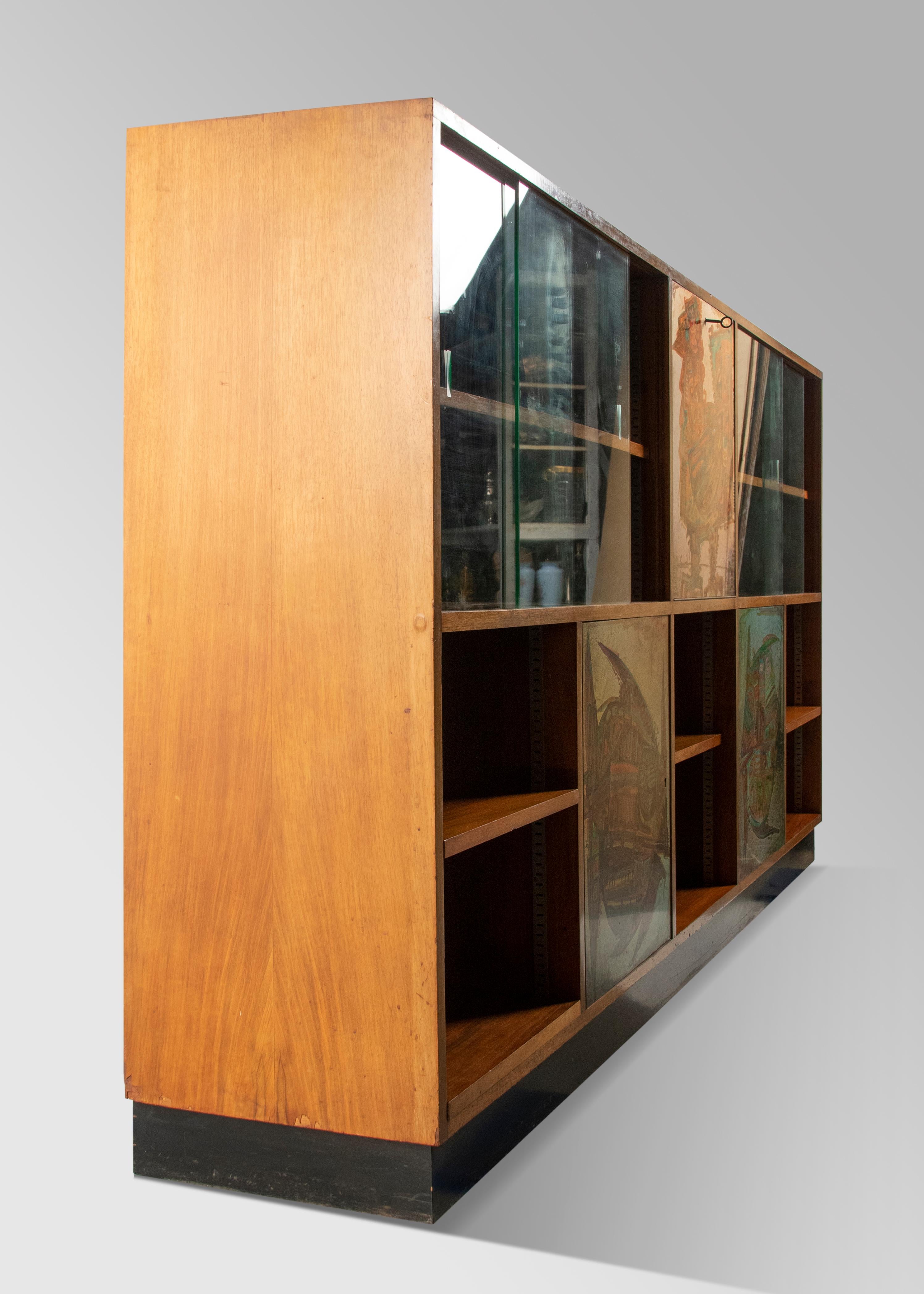 Mid-Century Modern Walnut Bookcase Cabinet Painted Panels by Hubert Minnebo For Sale 6