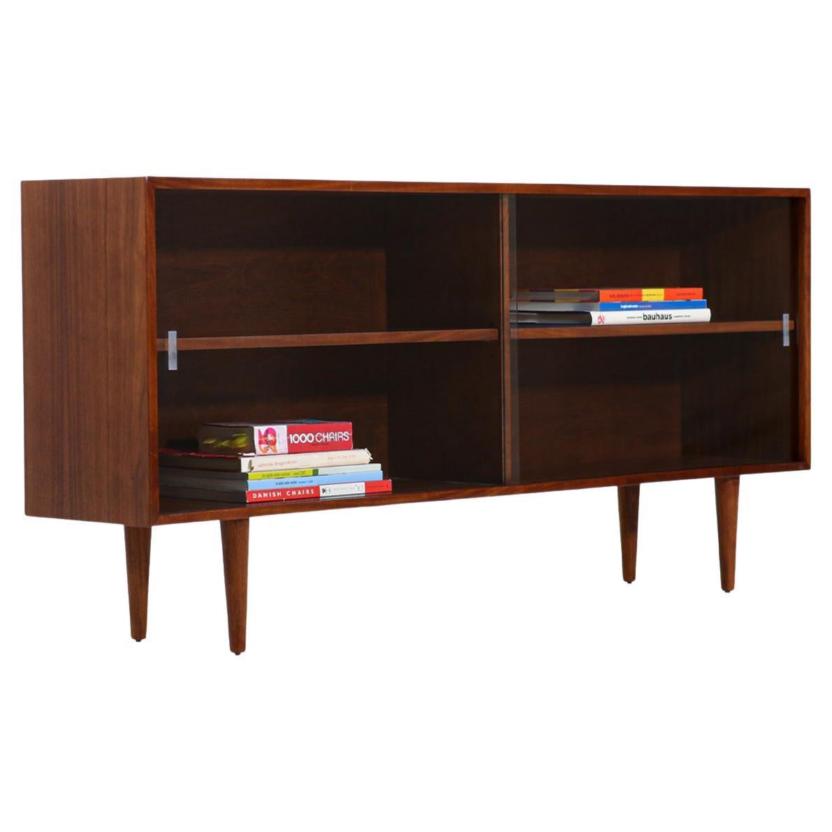 Mid-Century Modern Walnut Bookcase with Glass Doors