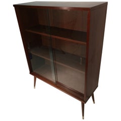Mid-Century Modern Walnut Bookcase with Glass Sliding Doors