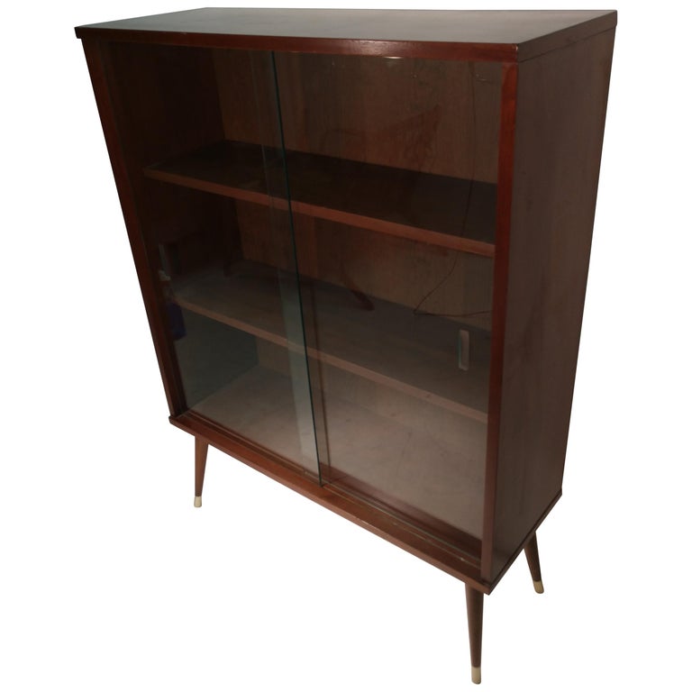 Mid Century Modern Walnut Bookcase With, Modern Bookcase With Glass Doors