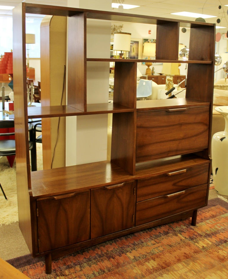 MidCentury Modern Walnut Bookshelf Room Divider W Drop Down Desk, 1950s at 1stDibs