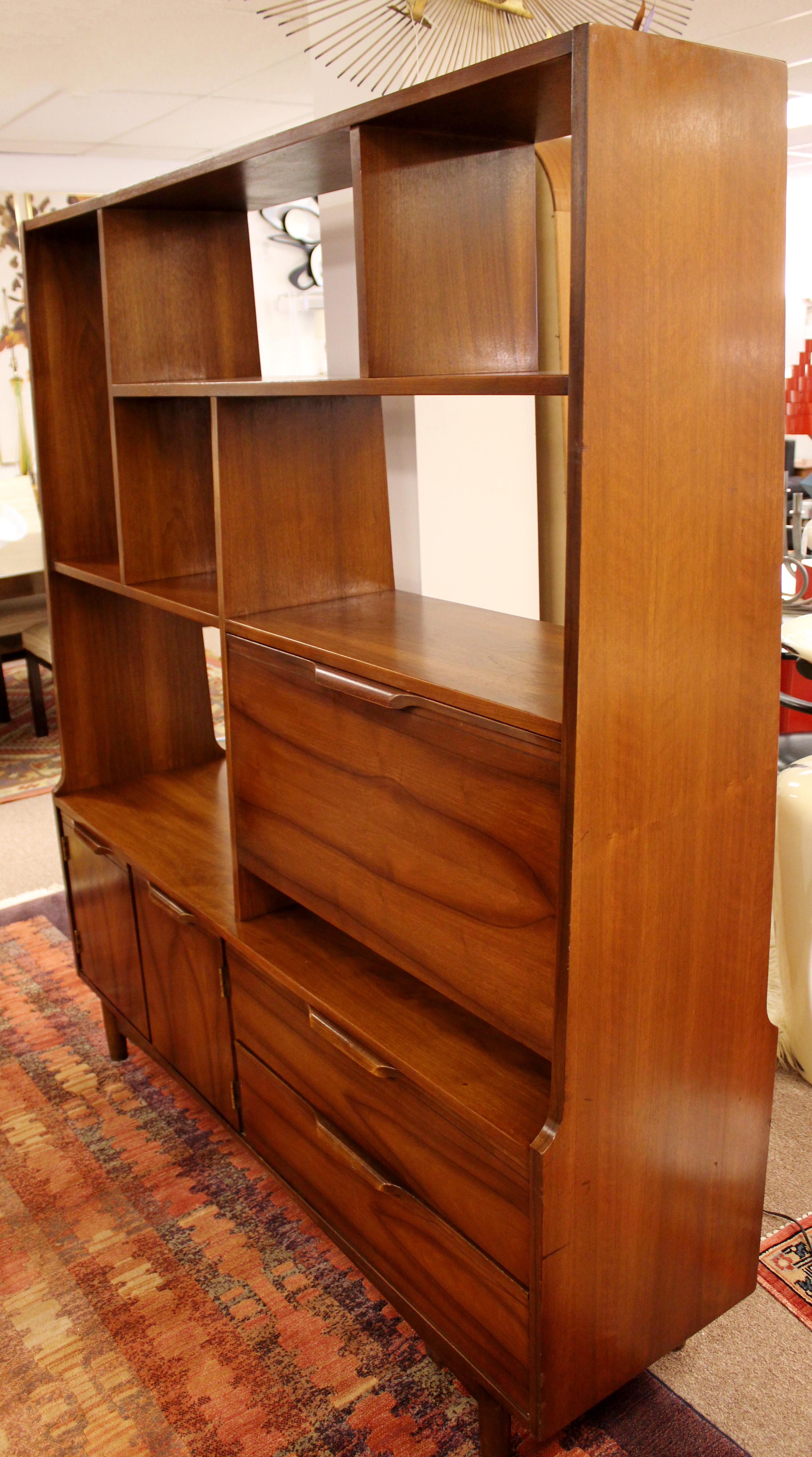 Mid-20th Century Mid-Century Modern Walnut Bookshelf Room Divider W Drop Down Desk, 1950s