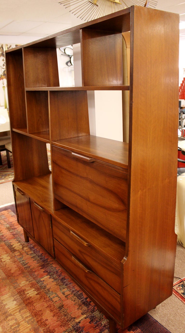 MidCentury Modern Walnut Bookshelf Room Divider with Drop Down Desk