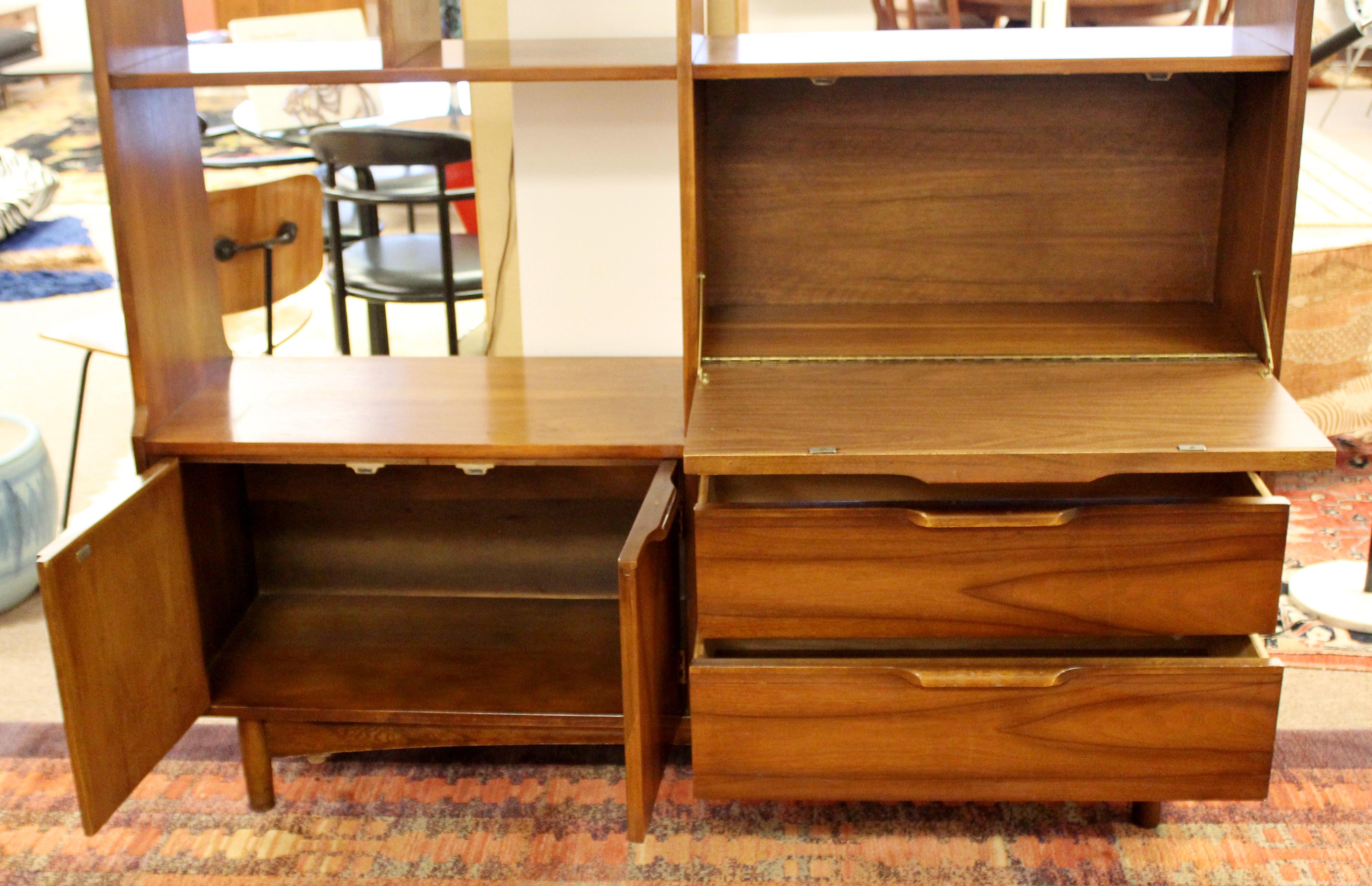 American Mid-Century Modern Walnut Bookshelf Room Divider with Drop Down Desk, 1950s